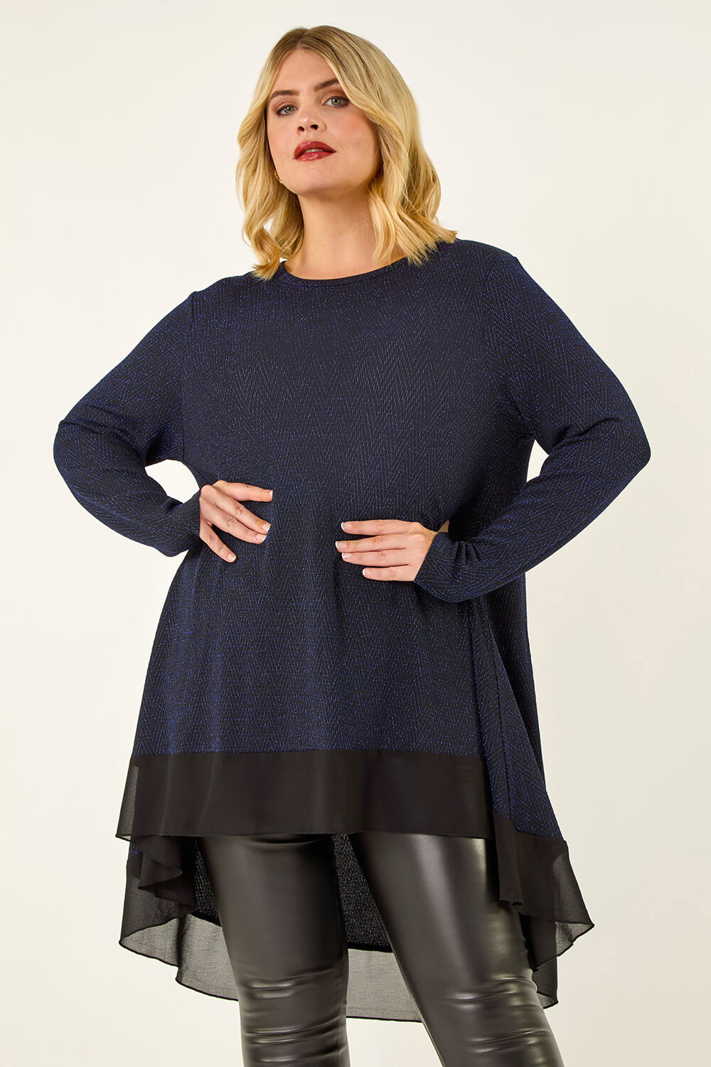 Roman Curve Women's Blue Glitter Chiffon Hem Tunic Top Size 26-28