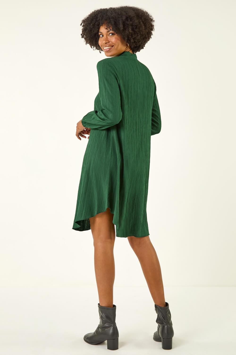 Green Textured V-Neck Swing Dress, Image 4 of 5