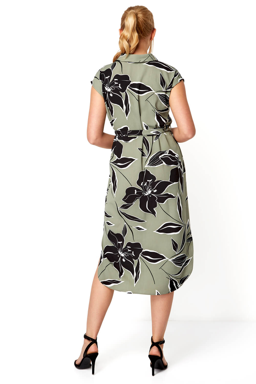 Khaki Floral Belted Shirt Midi Dress, Image 4 of 5
