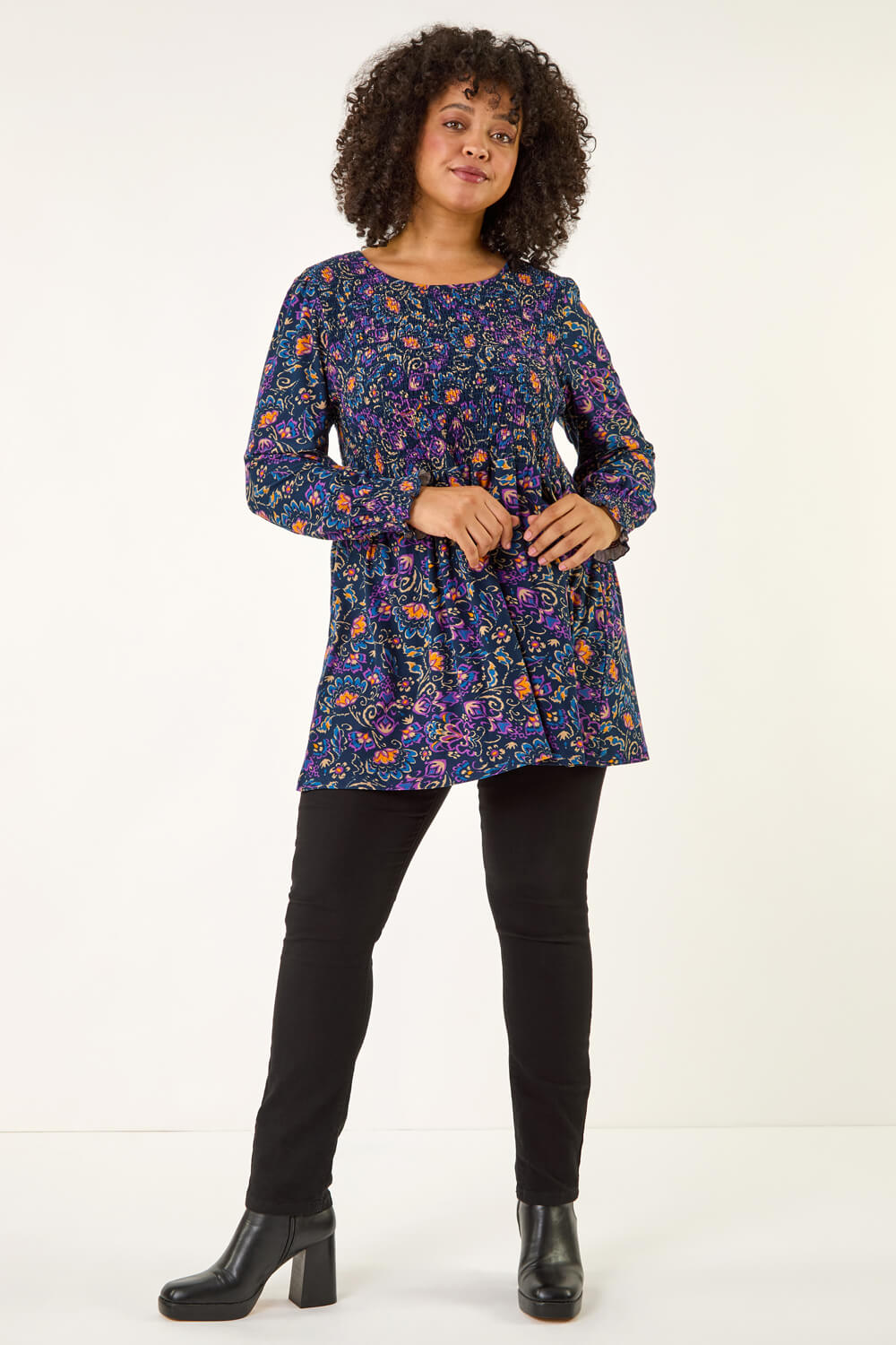Navy Curve Floral Print Stretch Top, Image 3 of 5