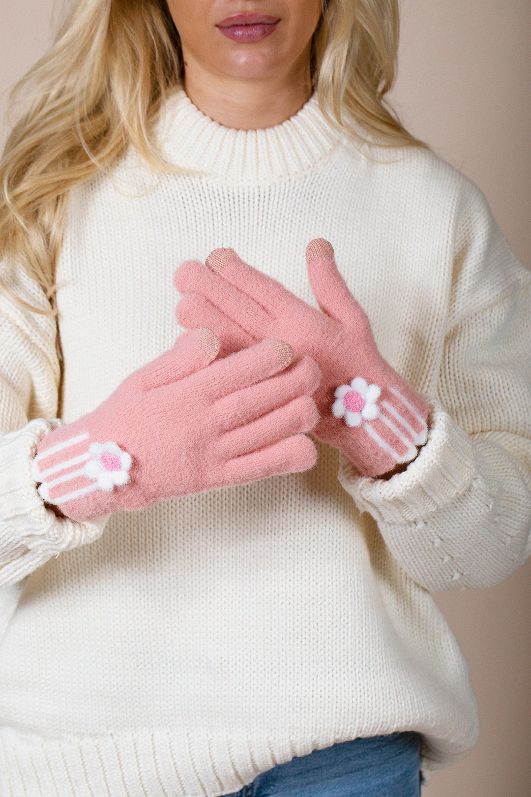 Pink Knit Floral Gloves, Image 1 of 4