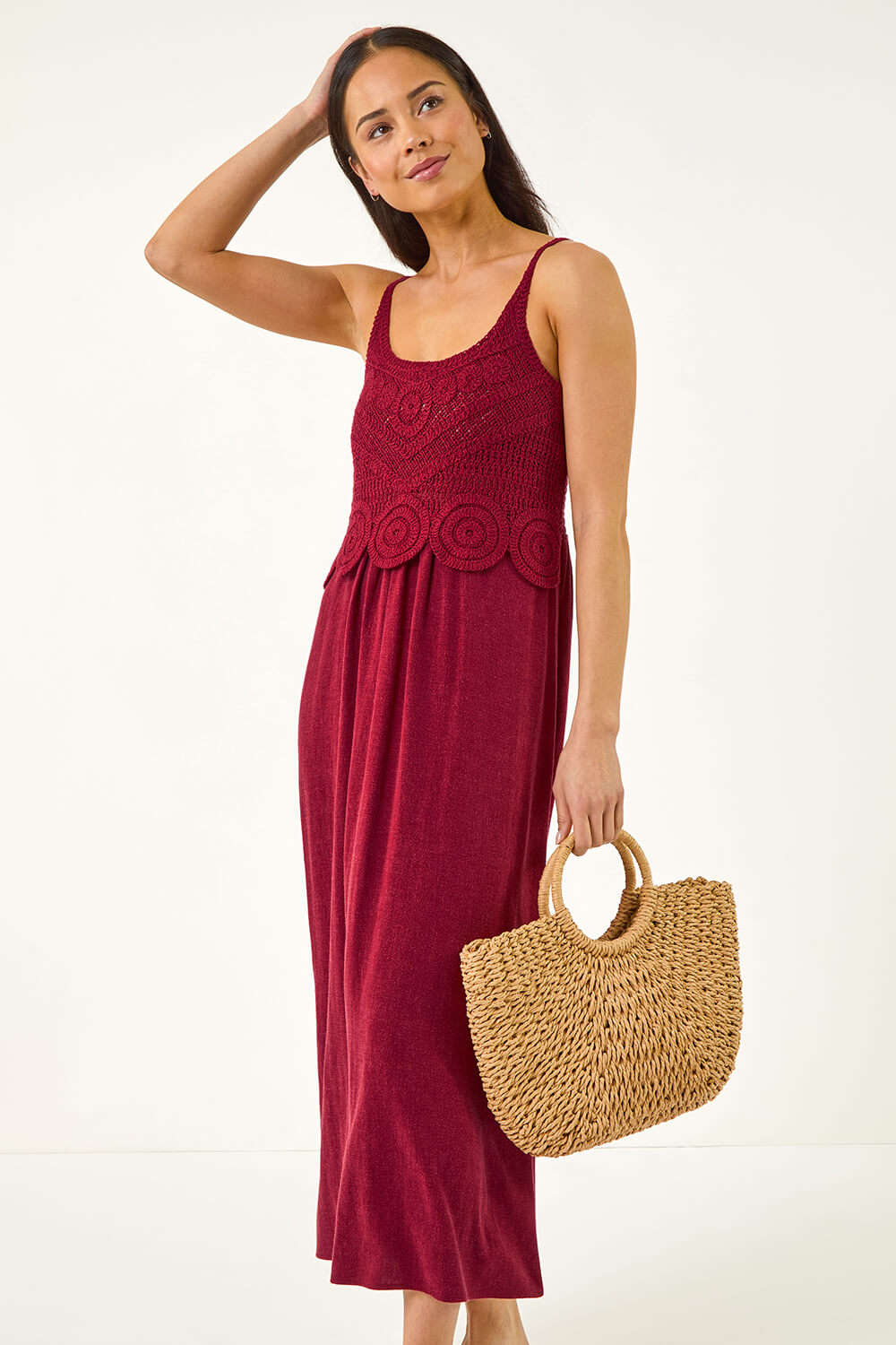 Wine Petite Crochet Linen Blend Midi Dress, Image 3 of 6