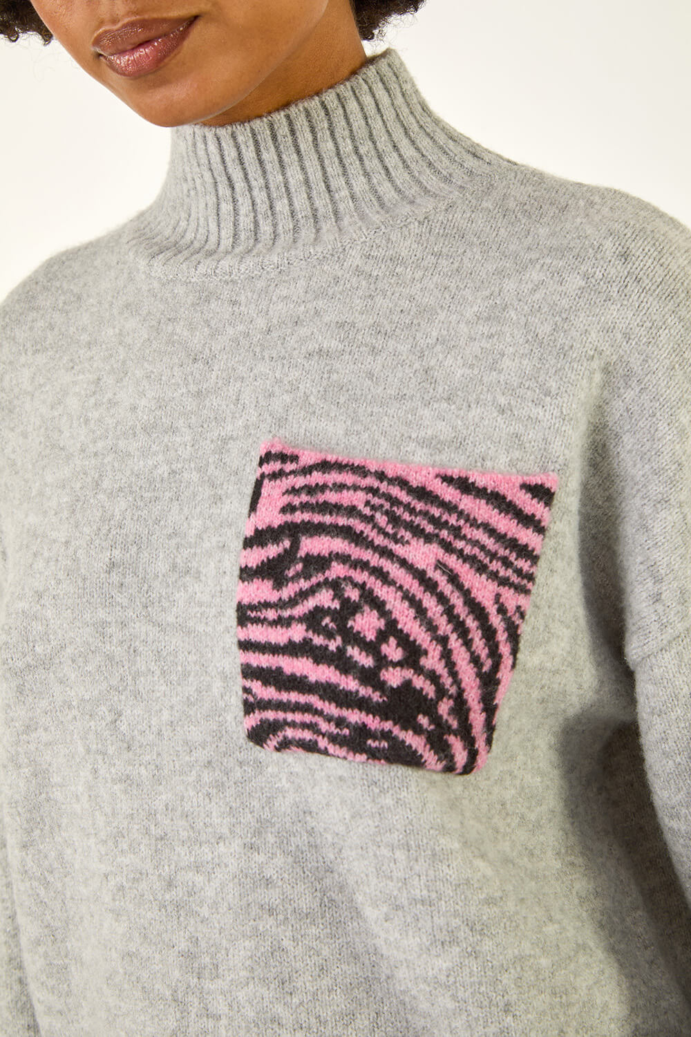 Light Grey Animal Print Pocket Knit Jumper, Image 6 of 5