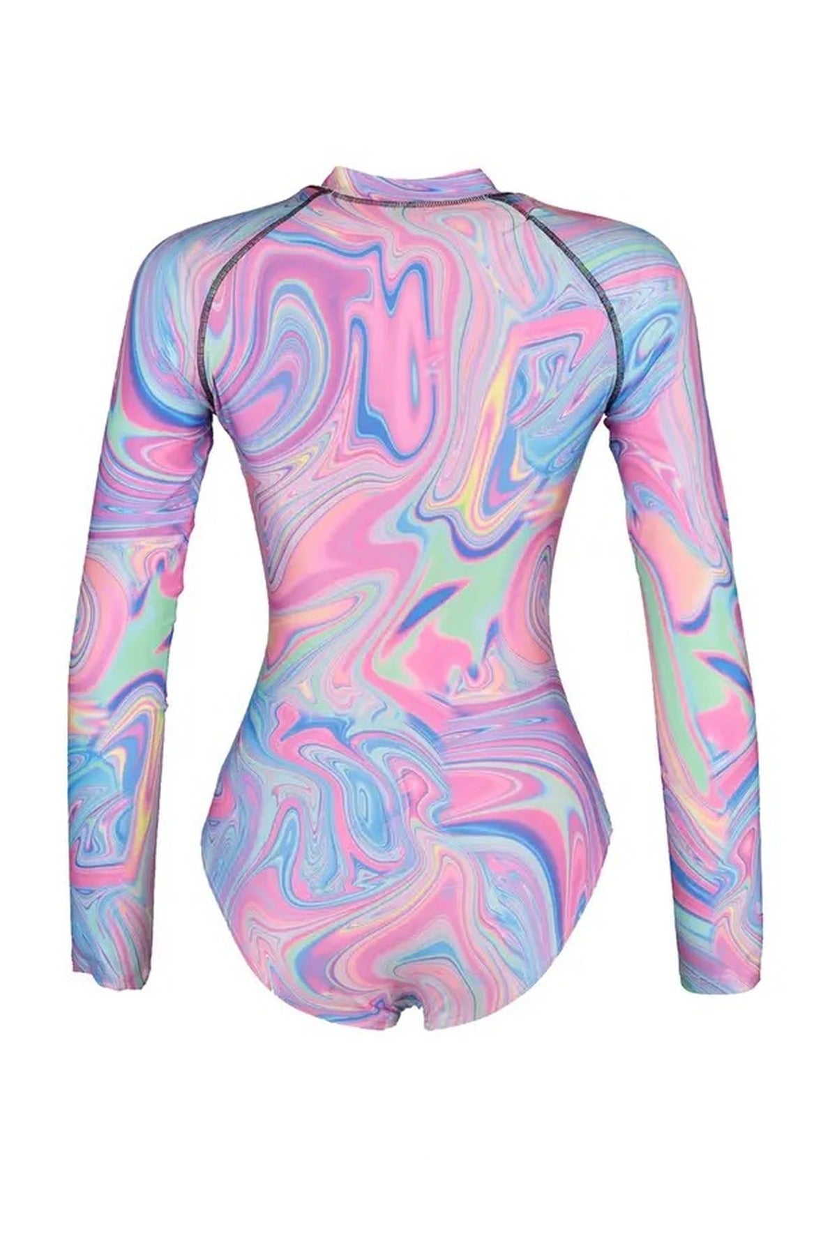 Multi Long Sleeve Zip Front Marble Print Performance Swimsuit, Image 3 of 4