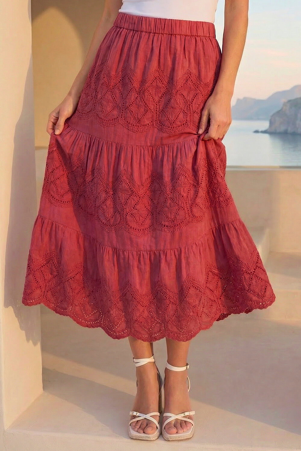 Rust Broderie Elastic Waist A Line Tiered Midi Skirt, Image 3 of 4