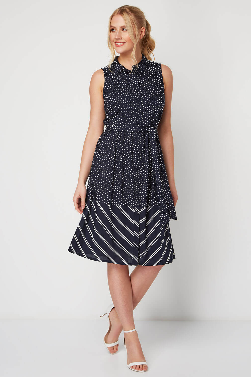 Navy Contrast Print Shirt Dress, Image 3 of 5