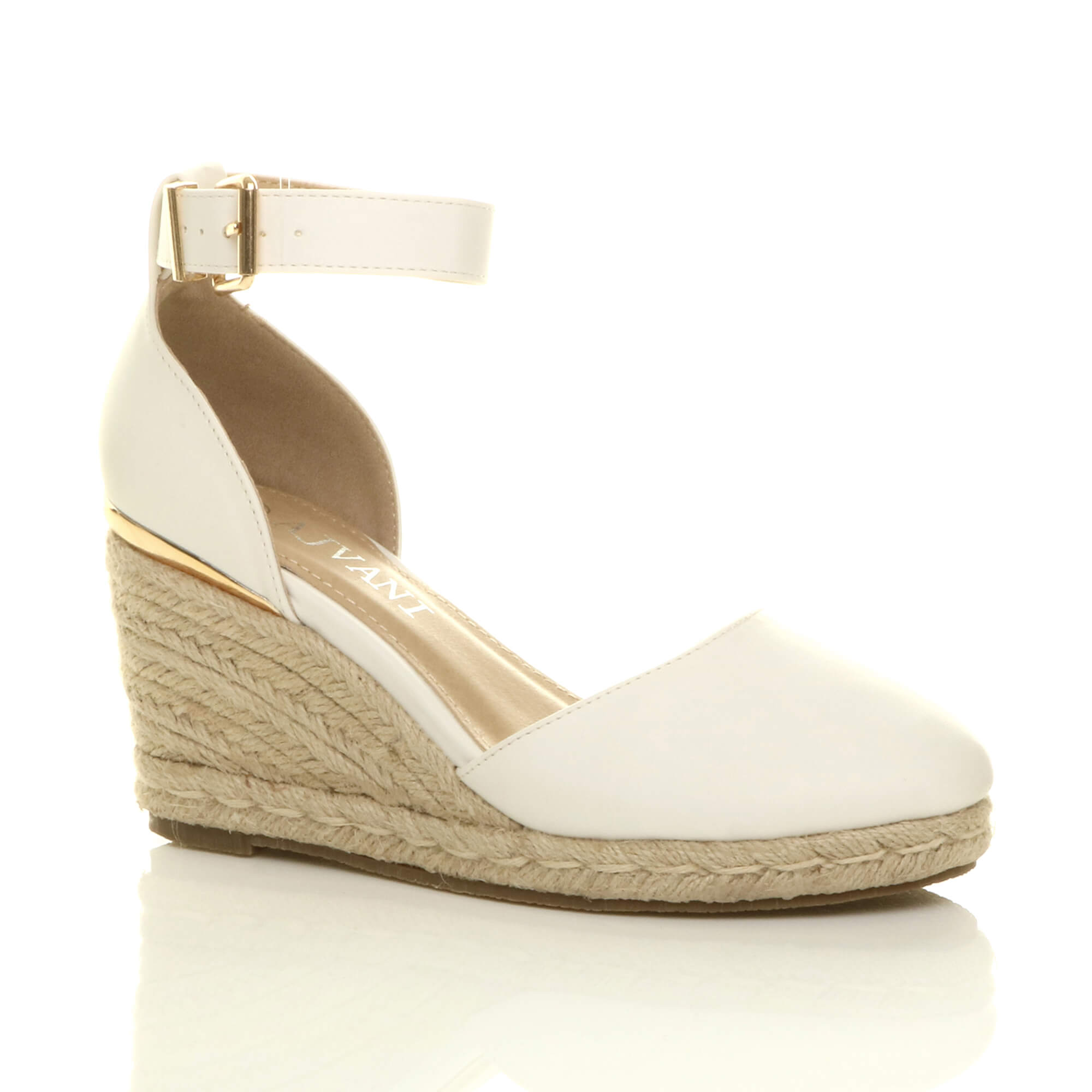 White Mid Wedge Heel Ankle Strap Espadrille Sandals