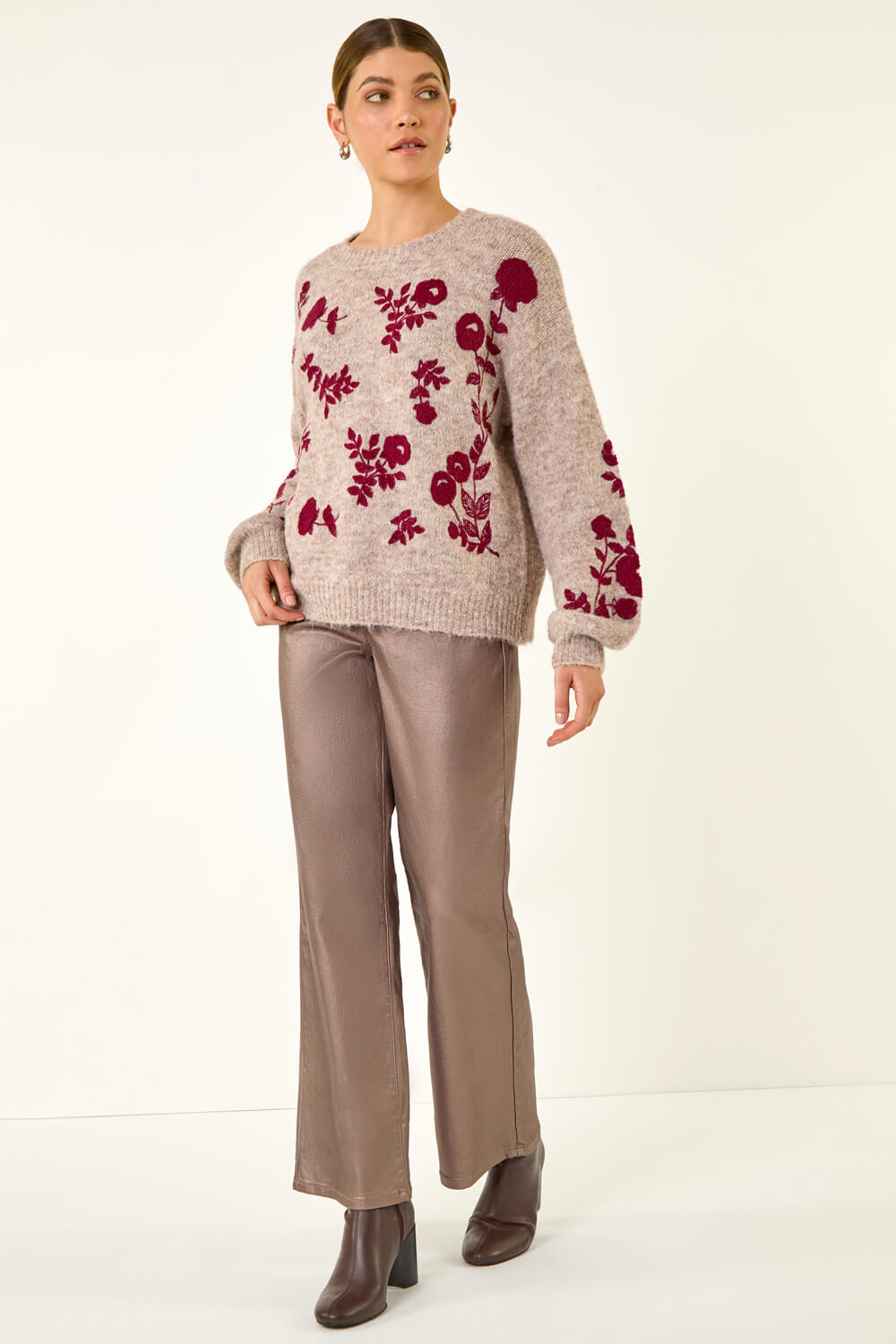 Taupe Floral Crew Neck Knit Jumper, Image 4 of 7