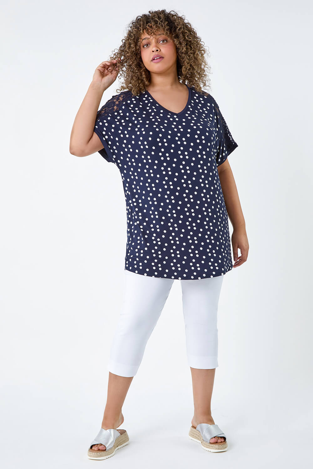 Navy Curve Lace Shoulder Polka Dot Stretch T-Shirt, Image 3 of 5