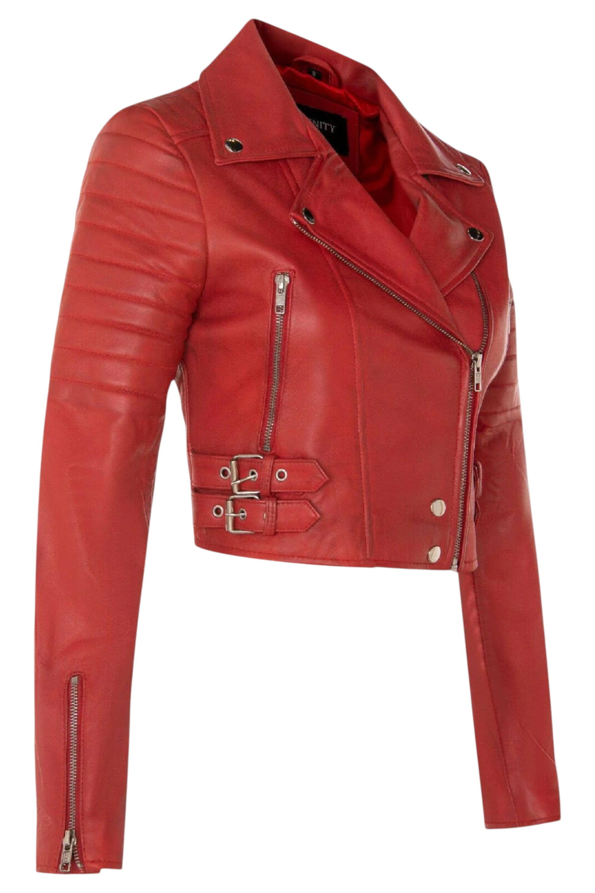 Red Infinity Leather Red Brando Cropped Leather Jacket-Longtown, Image 2 of 6