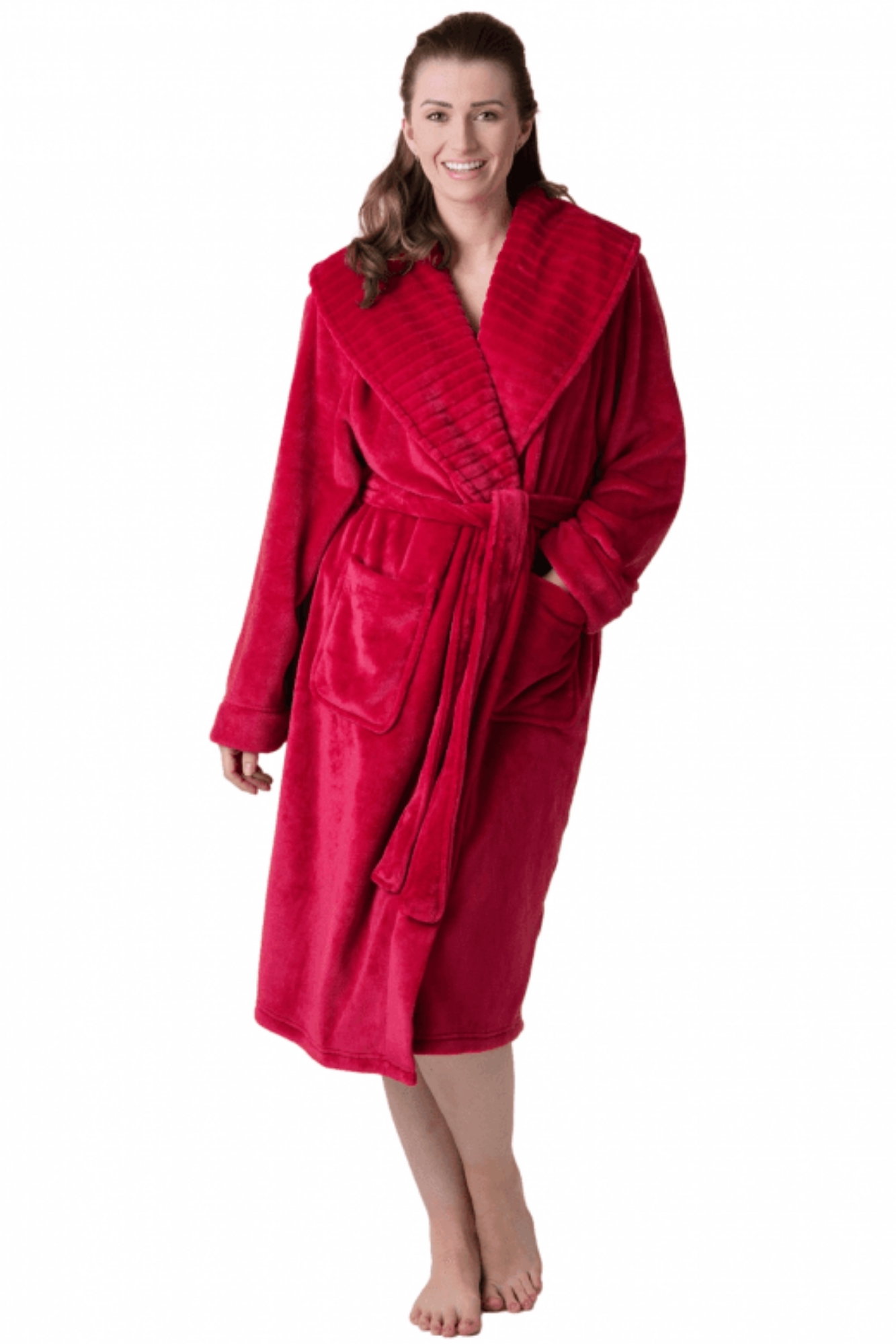 Burgundy Camille Lingerie Burgundy Supersoft Fleece Ribbed Collar Robe, Image 1 of 7