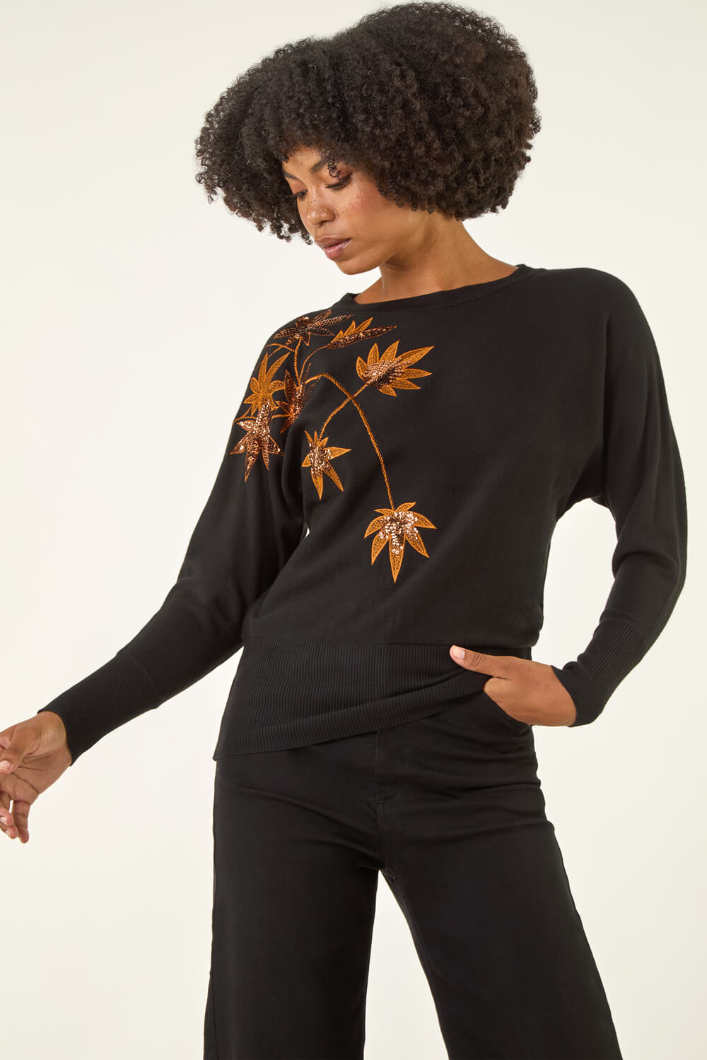 Black Sequin Floral Embroidered Knit Jumper, Image 5 of 5