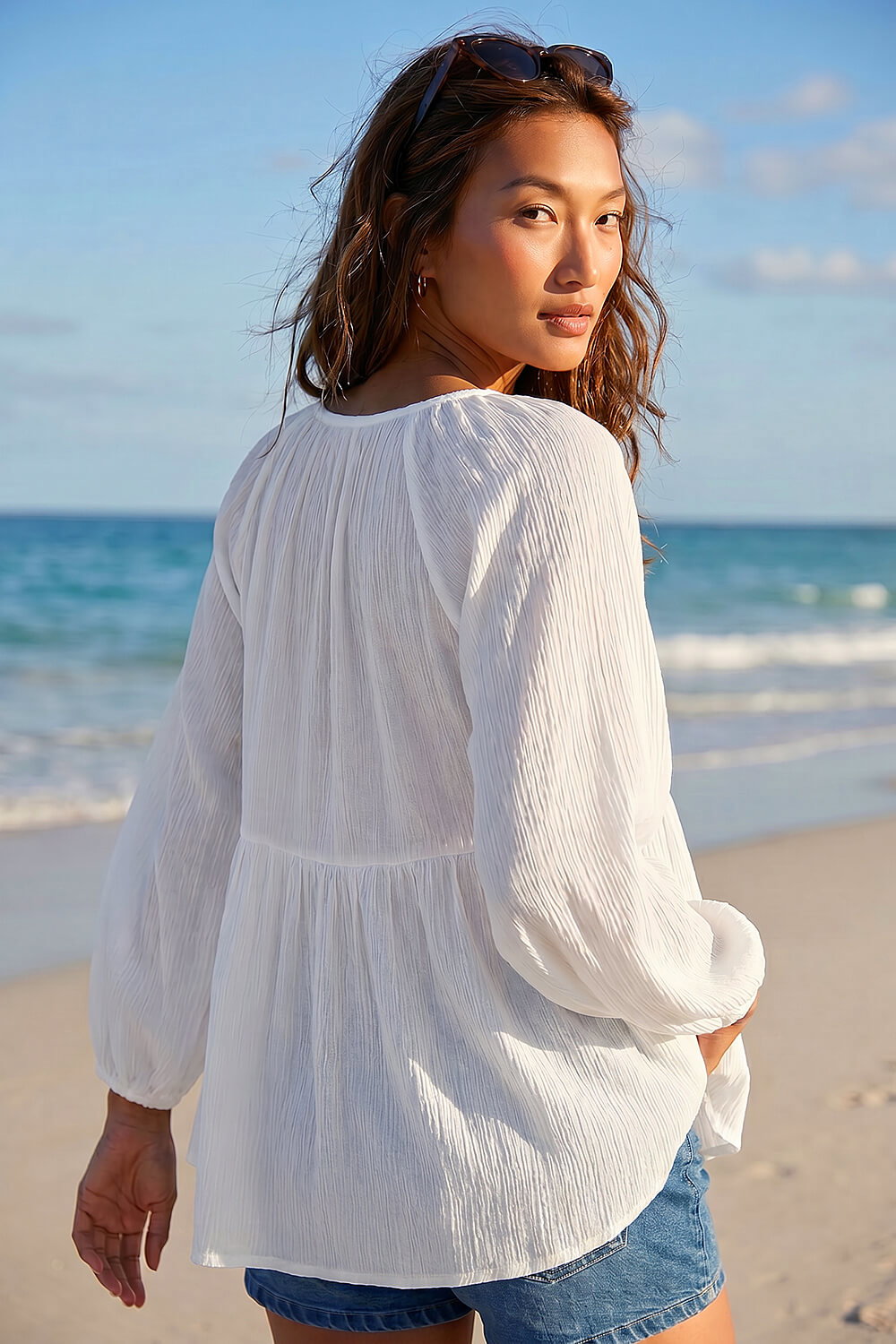 Ivory  Shirred V-Neck Top, Image 4 of 5