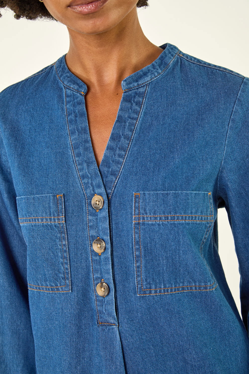 Denim Cotton Denim Button Shift Dress, Image 6 of 5