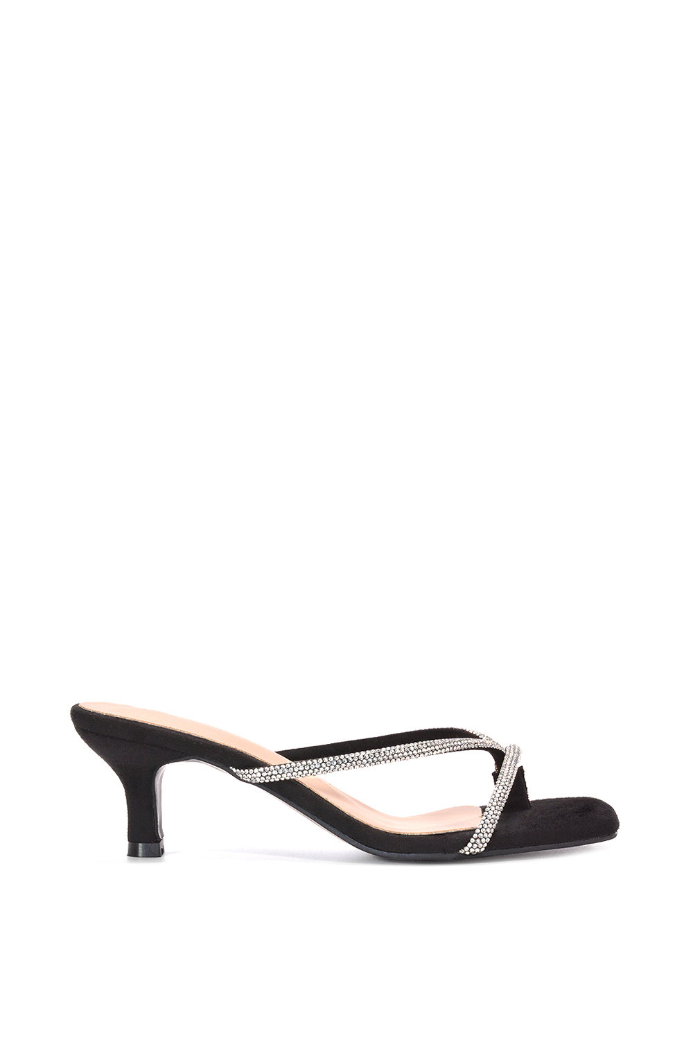 Black 'Megan' Toe Post Heeled Mules With Crystal Details