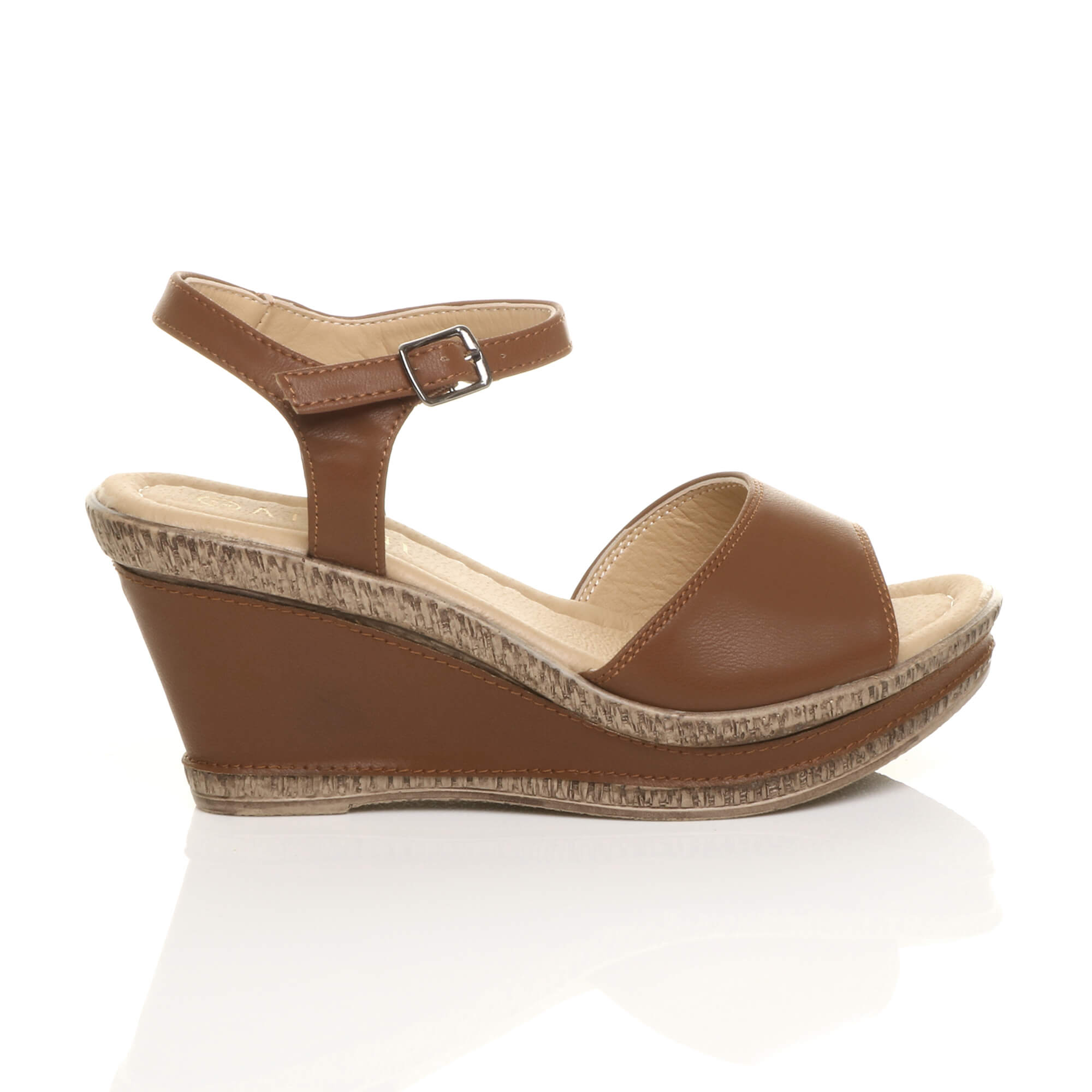 Tan AJVANI Tan High Wedge Heels Ankle Strap Cork Sandals, Image 2 of 6
