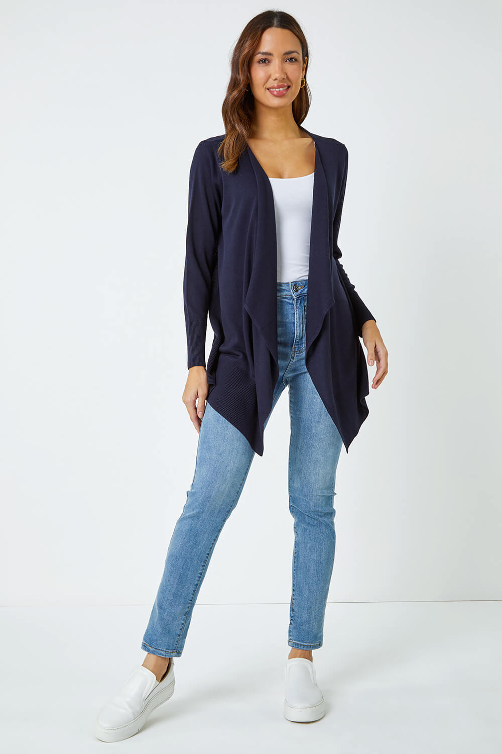 Navy Waterfall Front Knitted Cardigan, Image 5 of 5