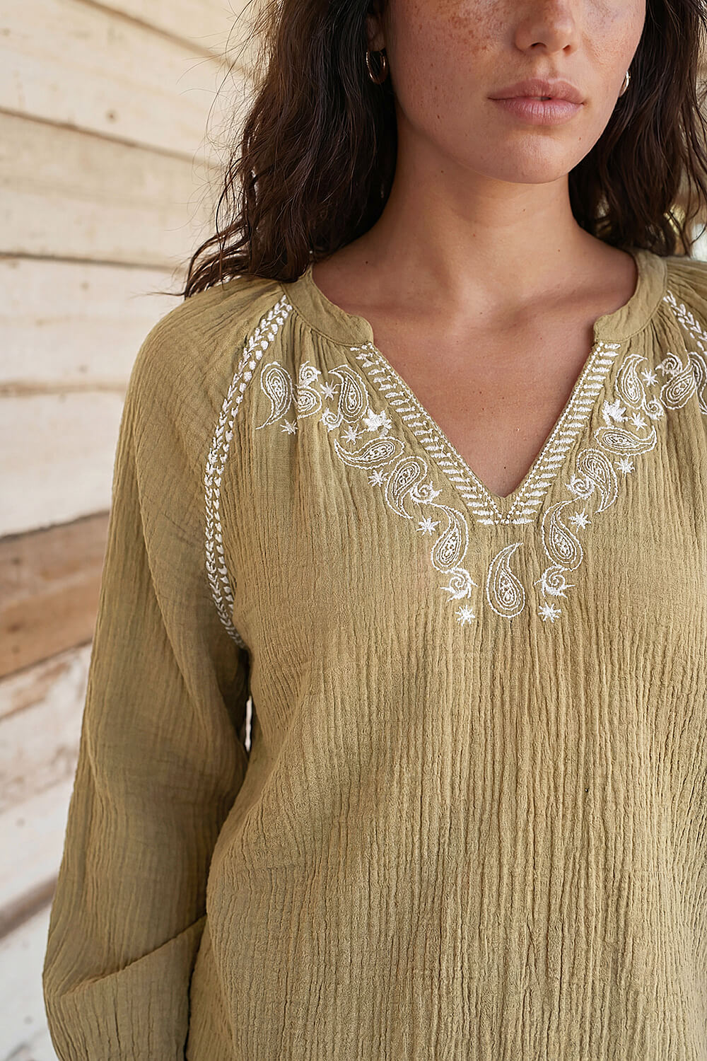 Khaki Embroidered Neck Top, Image 5 of 4