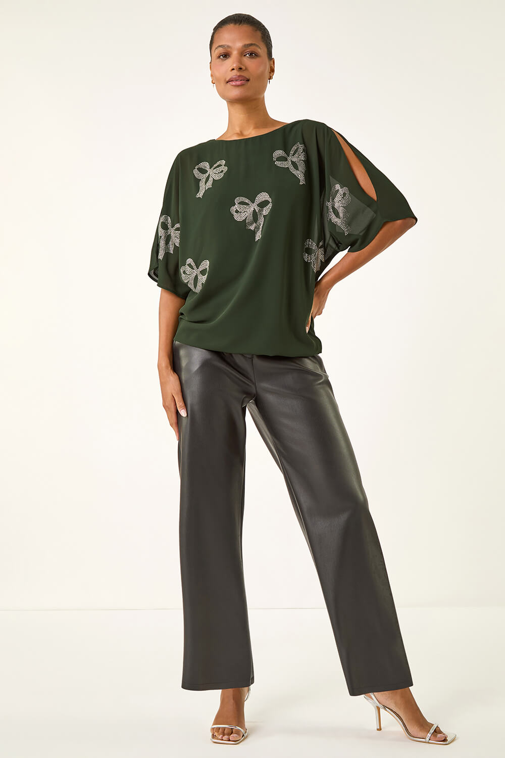 Dark Green Bow Hotfix Cold Shoulder Top, Image 3 of 5