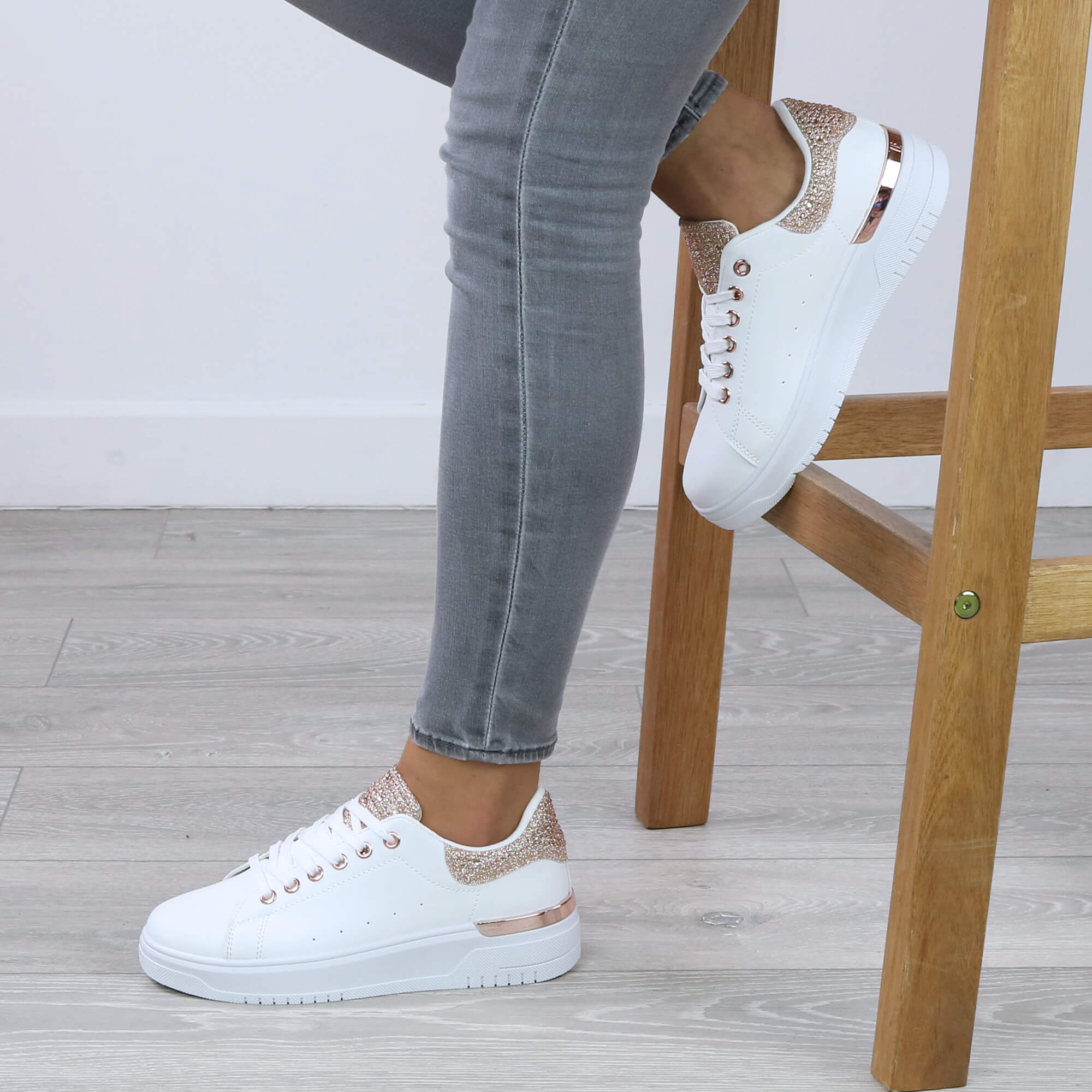 Rose Gold AJVANI Rose Gold Flat Chunky Diamante Sparkly Trainers, Image 5 of 6