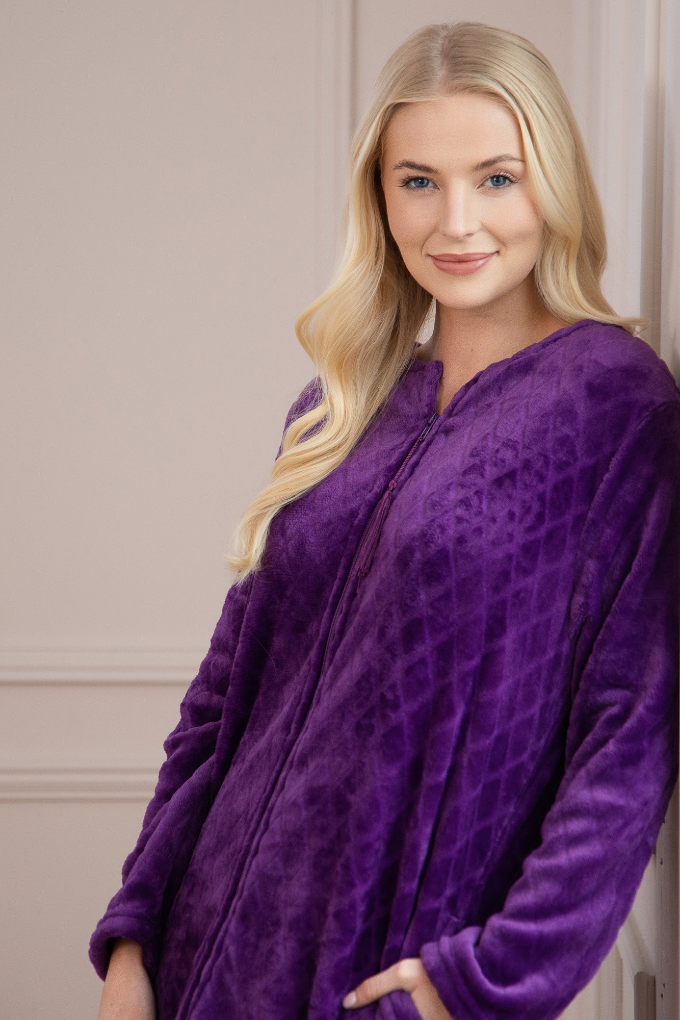 Purple Camille Lingerie Purple Supersoft Diamond Print Zip Up Housecoat, Image 6 of 6