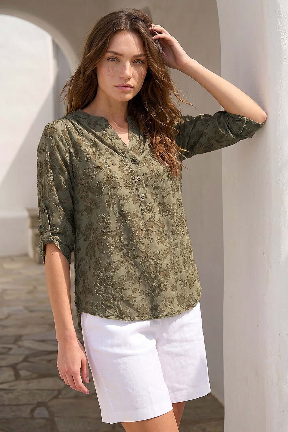 KHAKI Petite Burnout Print Button Shirt , Image 3 of 4