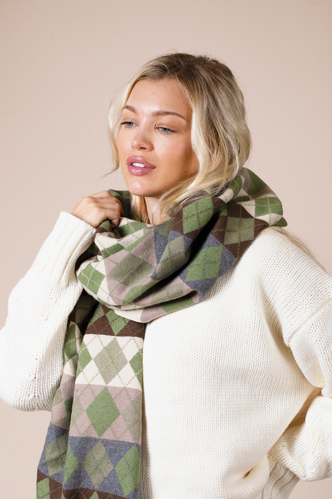 Khaki Soft Checked Scarf, Image 1 of 3