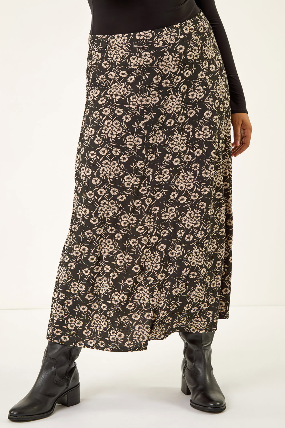Roman Curve Women's Black Floral Stretch Midi Skirt Size 30-32