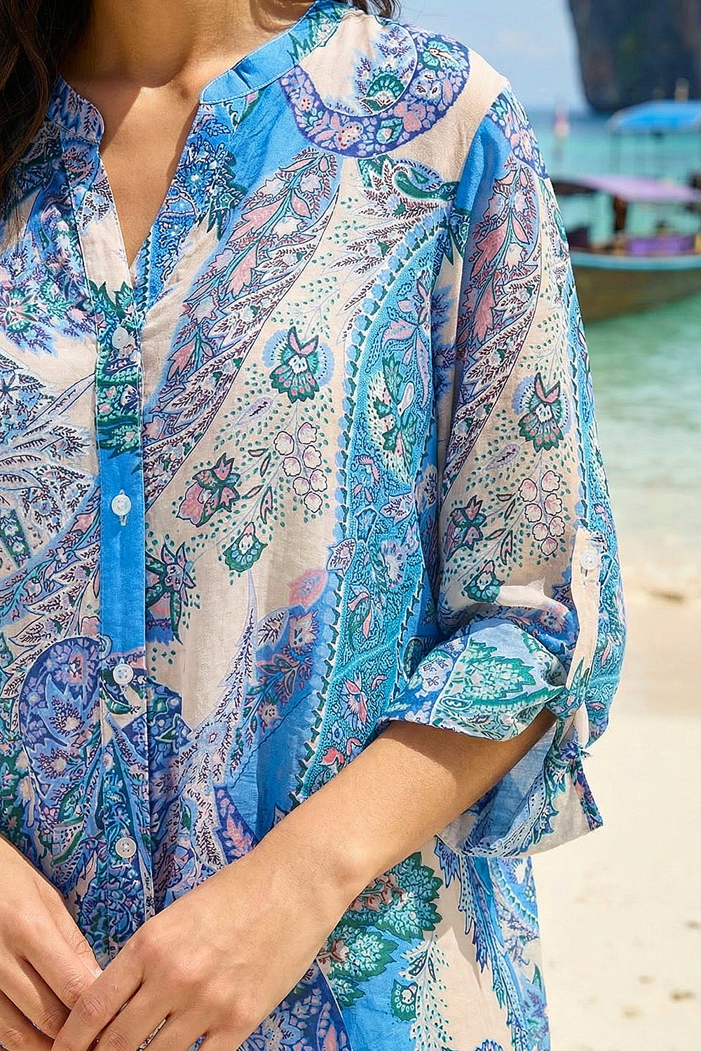 Blue Paisley Print Longline Blouse , Image 5 of 4