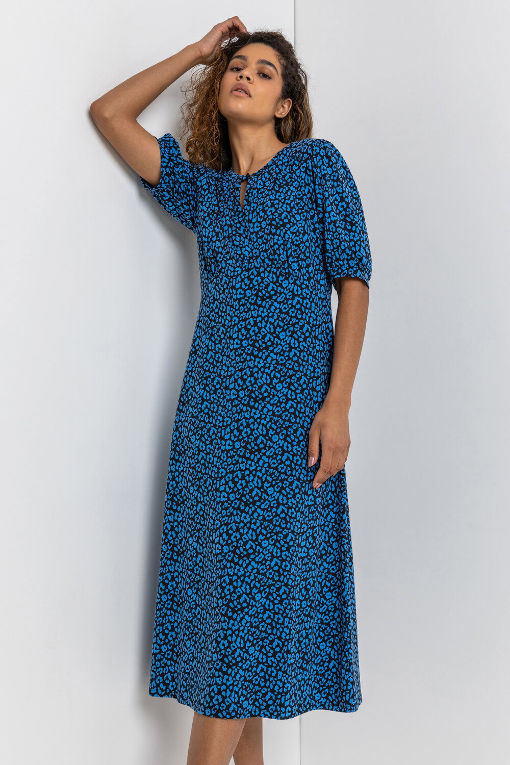 Royal Blue Animal Print Stretch Midi Dress, Image 5 of 5