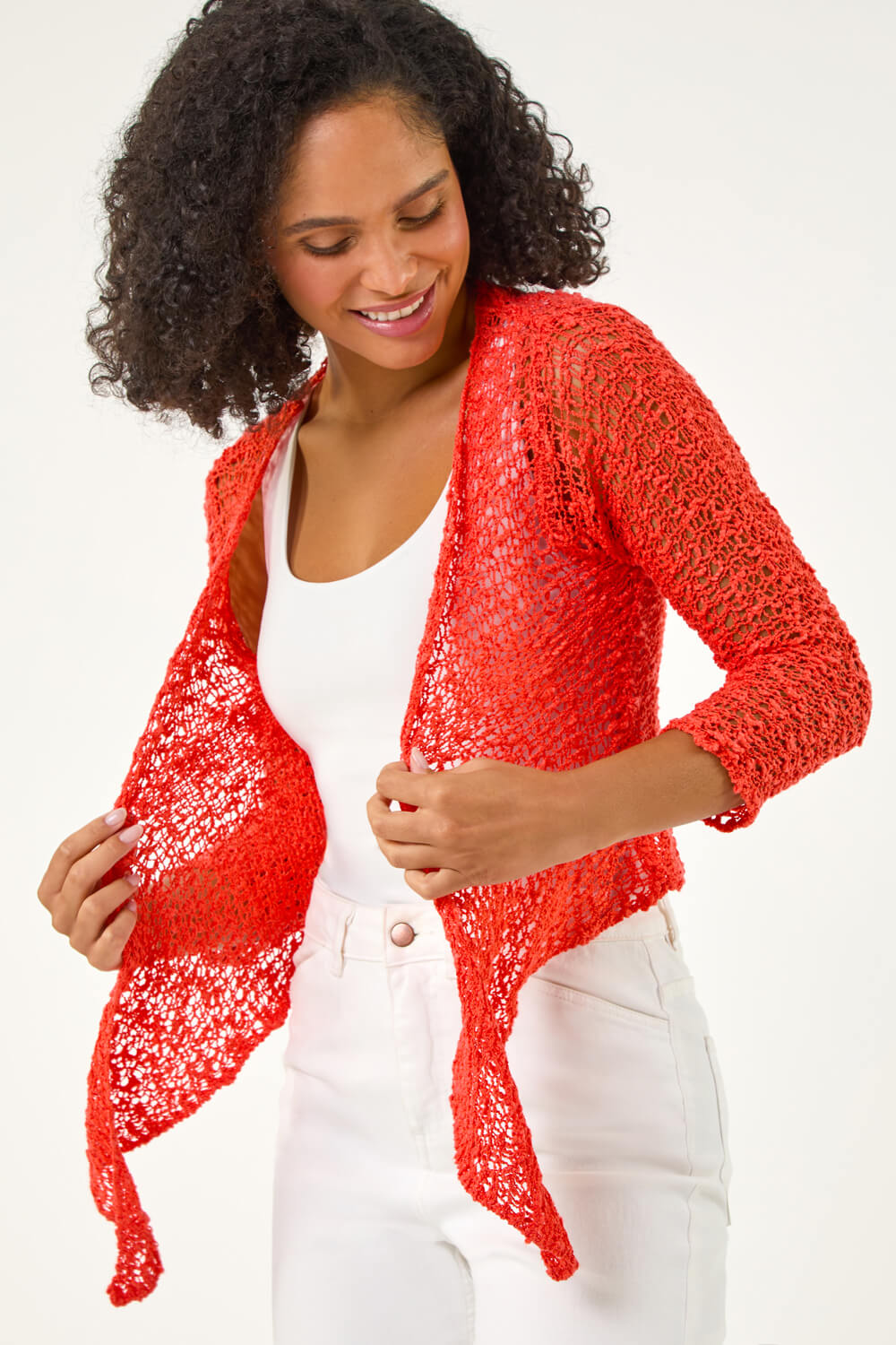 Roman Women's Coral Waterfall Popcorn Knitted Cardigan Medium