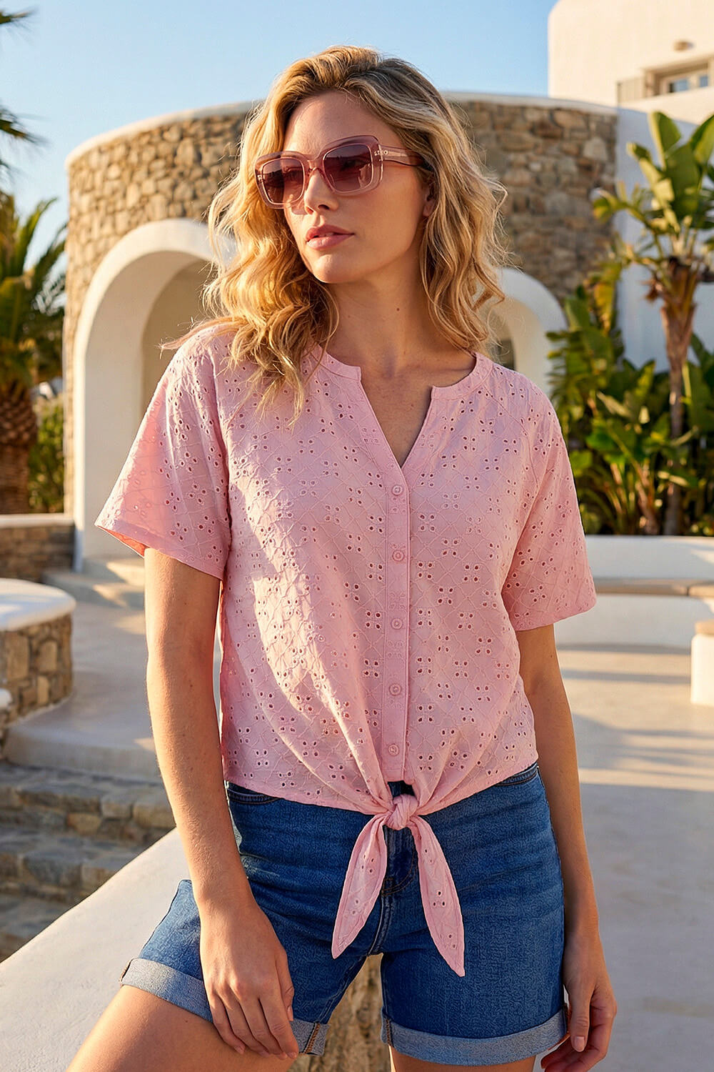 Pink V-Neck Broderie Stretch Jersey Tie Front Top, Image 1 of 4