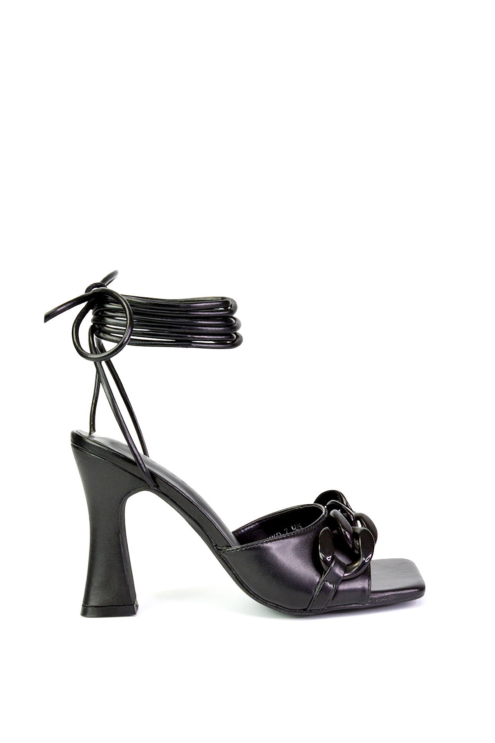 Black 'Rhegan' Lace Up Chain Detail Square Toe Block High Heel Sandals