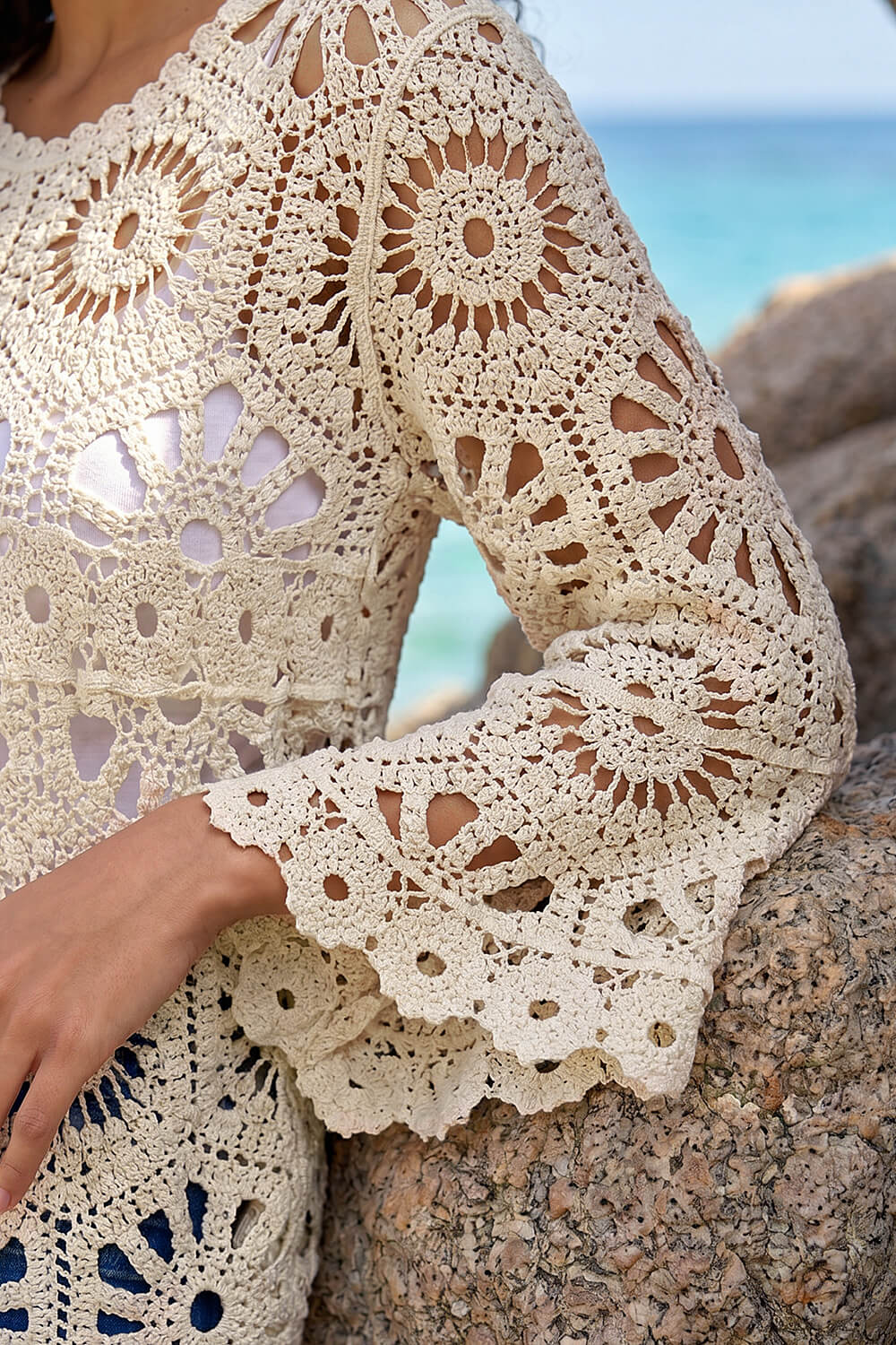 Natural Petite Crochet Flare Sleeve Top, Image 5 of 4