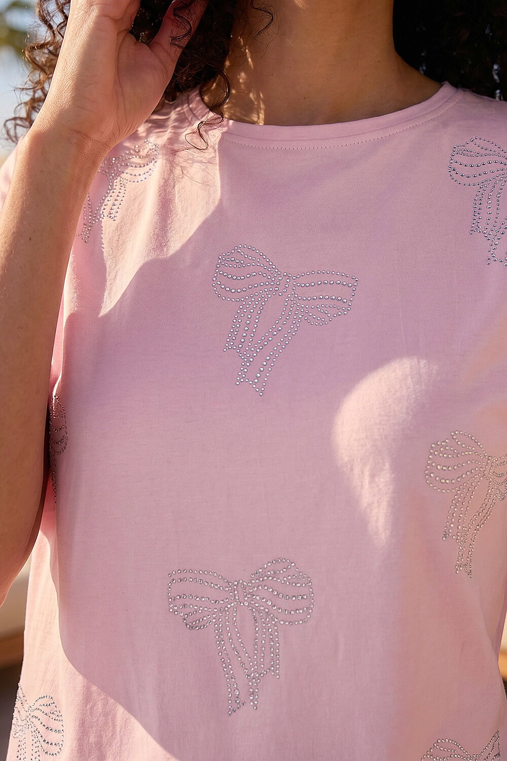 Pink Bow Embellished Cotton T-Shirt , Image 5 of 4