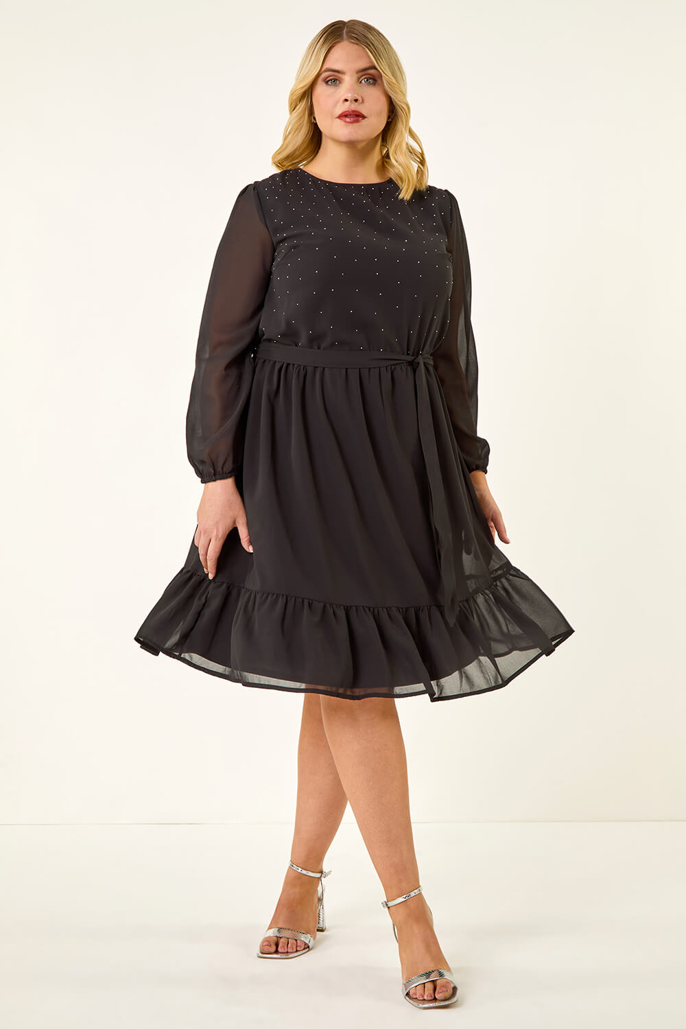 Black Curve Hotfix Tie Waist Dress, Image 3 of 5