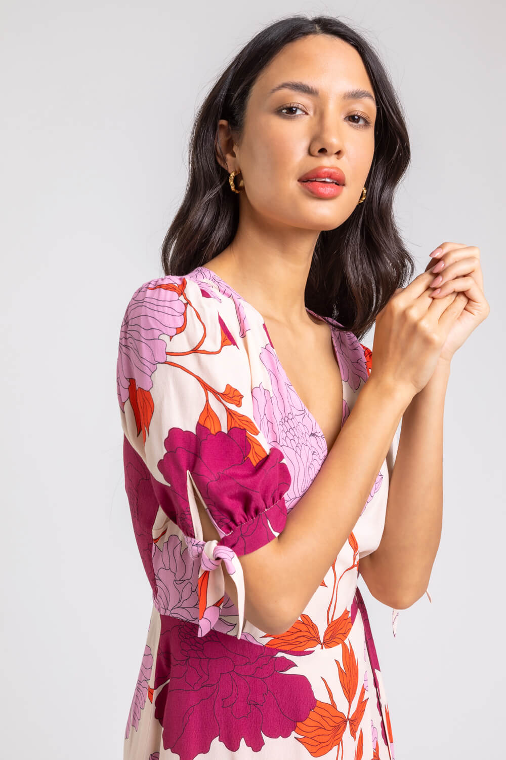 Mauve Floral Frill Hem Wrap Midi Dress, Image 6 of 6