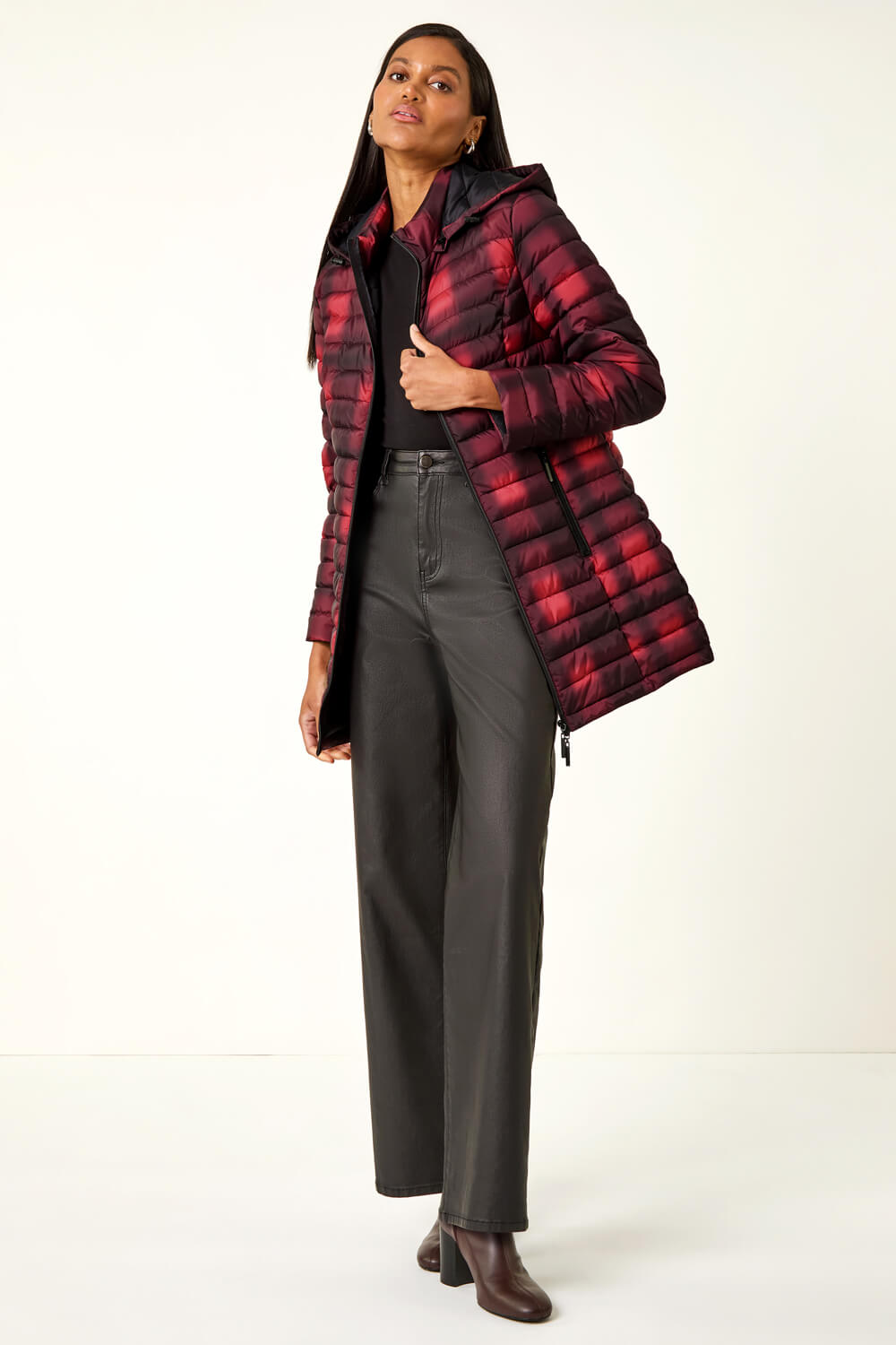 Roman Women's Burgundy Check Print Quilted Puffer Coat Size 16