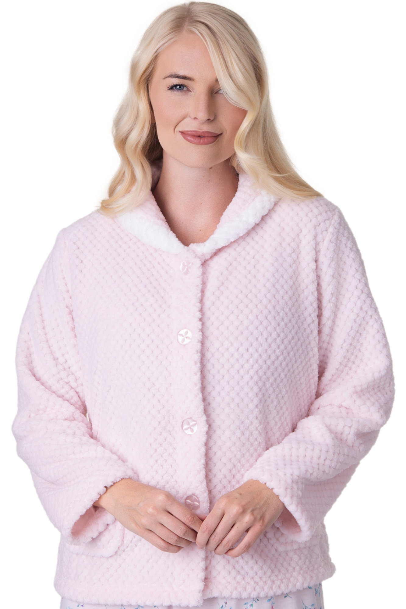Pink Camille Lingerie Pink Supersoft Button Front Bed Jacket, Image 1 of 5