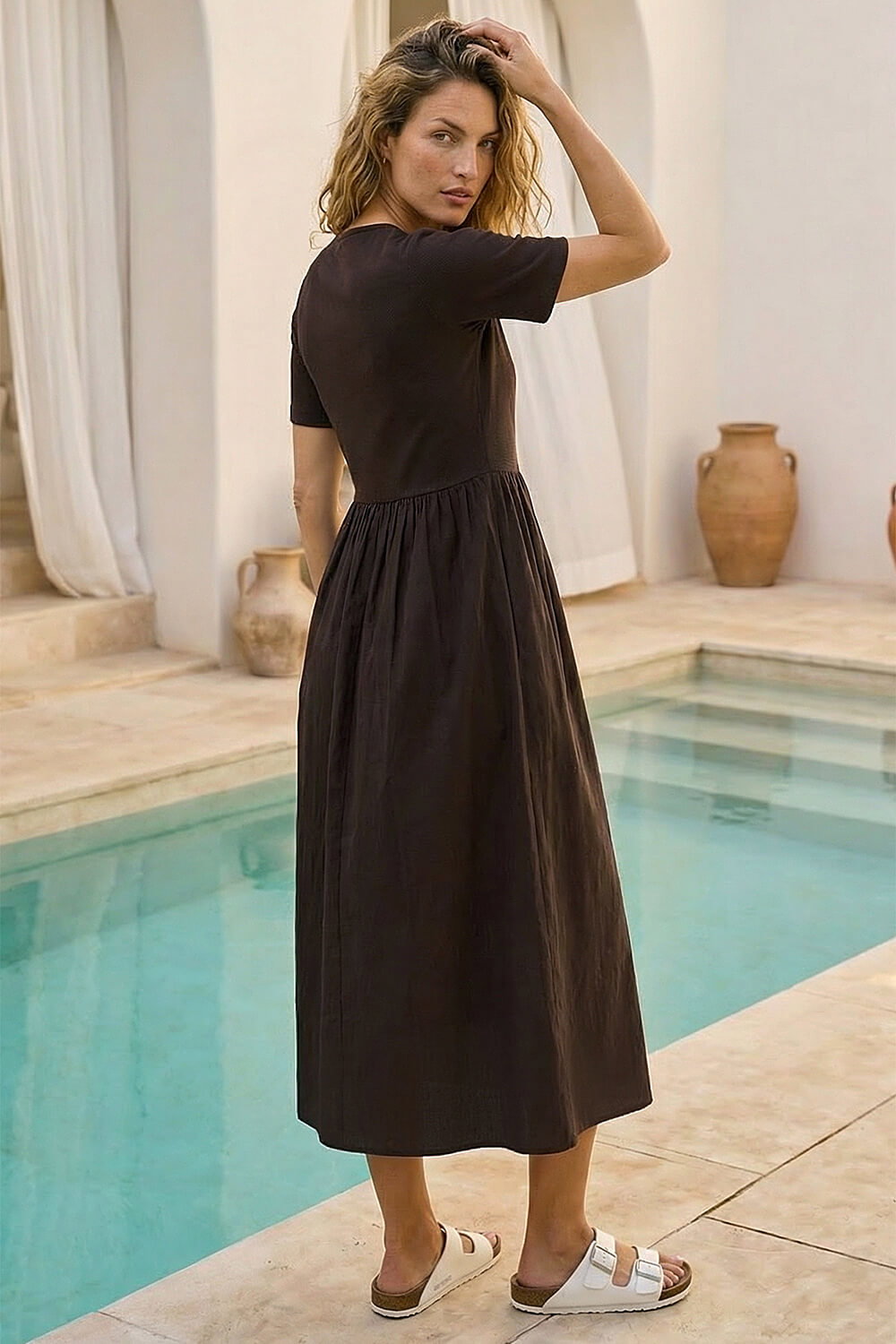Black Buttoned Pocket Stretch Midi Dress , Image 4 of 4