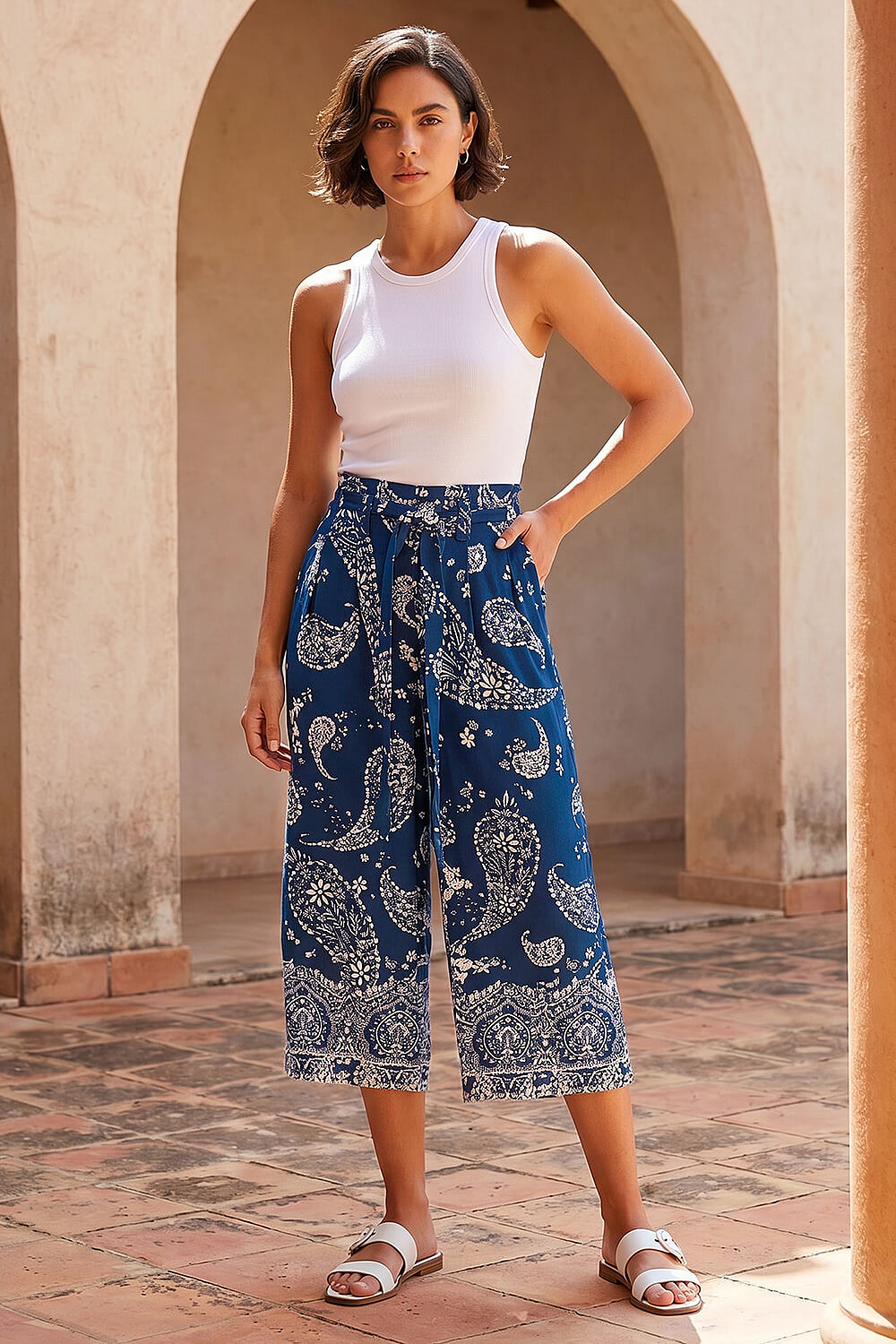 Navy Paisley Print Wide Leg Cropped Trousers, Image 3 of 4
