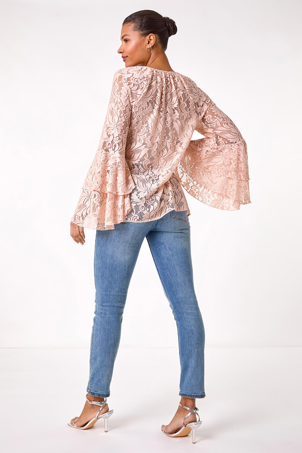 Light Pink Tie Neck Lace Detail Top, Image 4 of 5