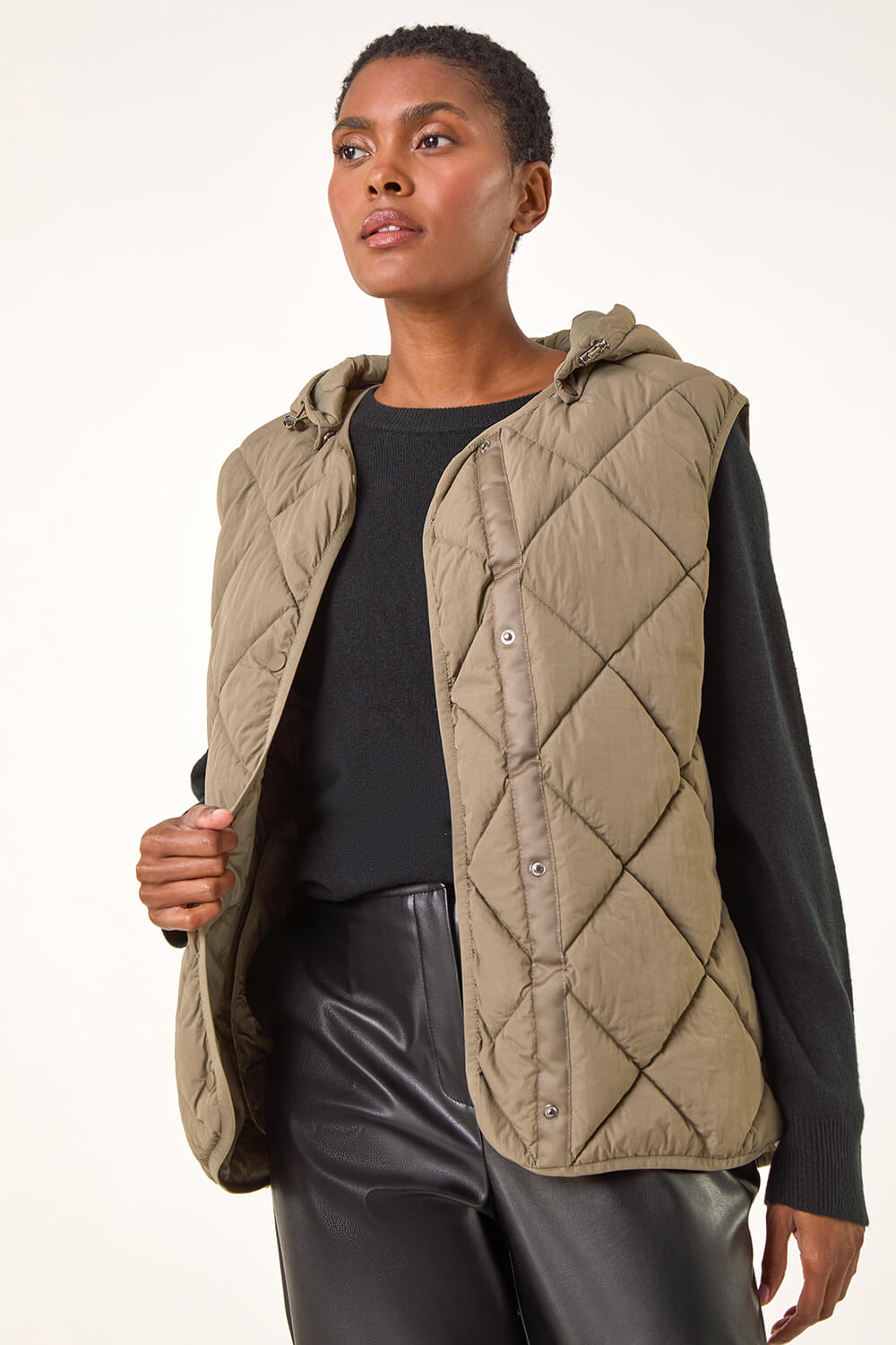 Khaki Hooded Quilt Gilet, Image 7 of 8