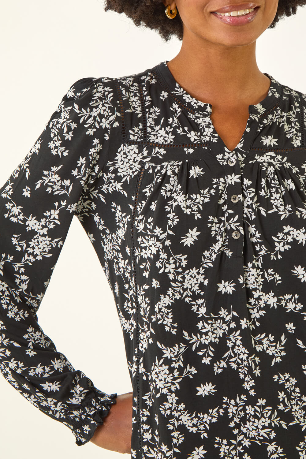 Black Floral Print Long Sleeve Top, Image 6 of 5