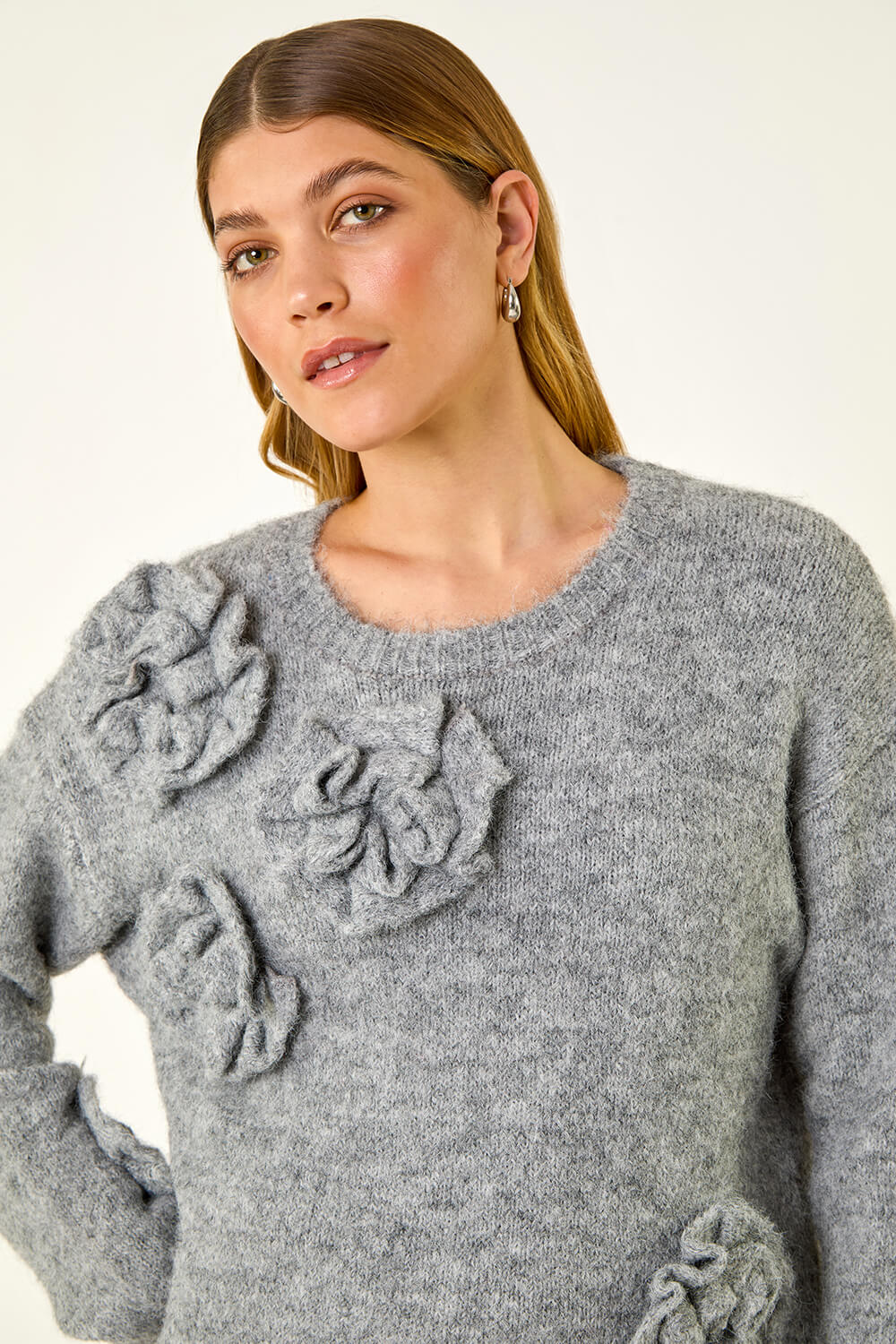 Grey Chunky Floral Knit Jumper, Image 1 of 5