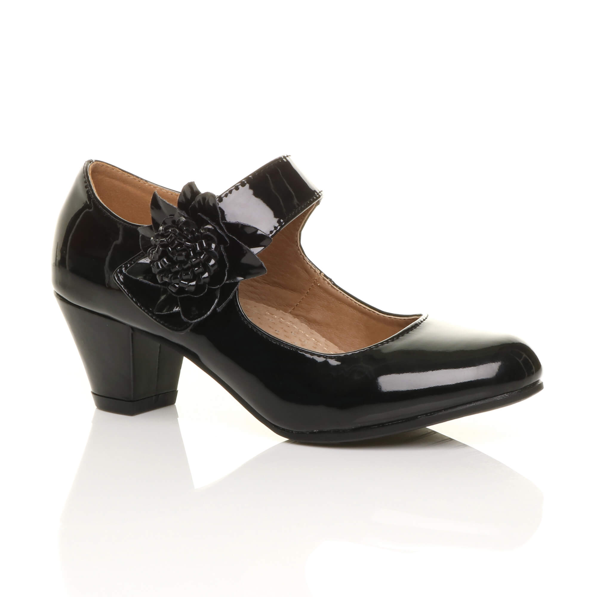Black Mid Block Heel Mary Jane Comfort Court Shoes