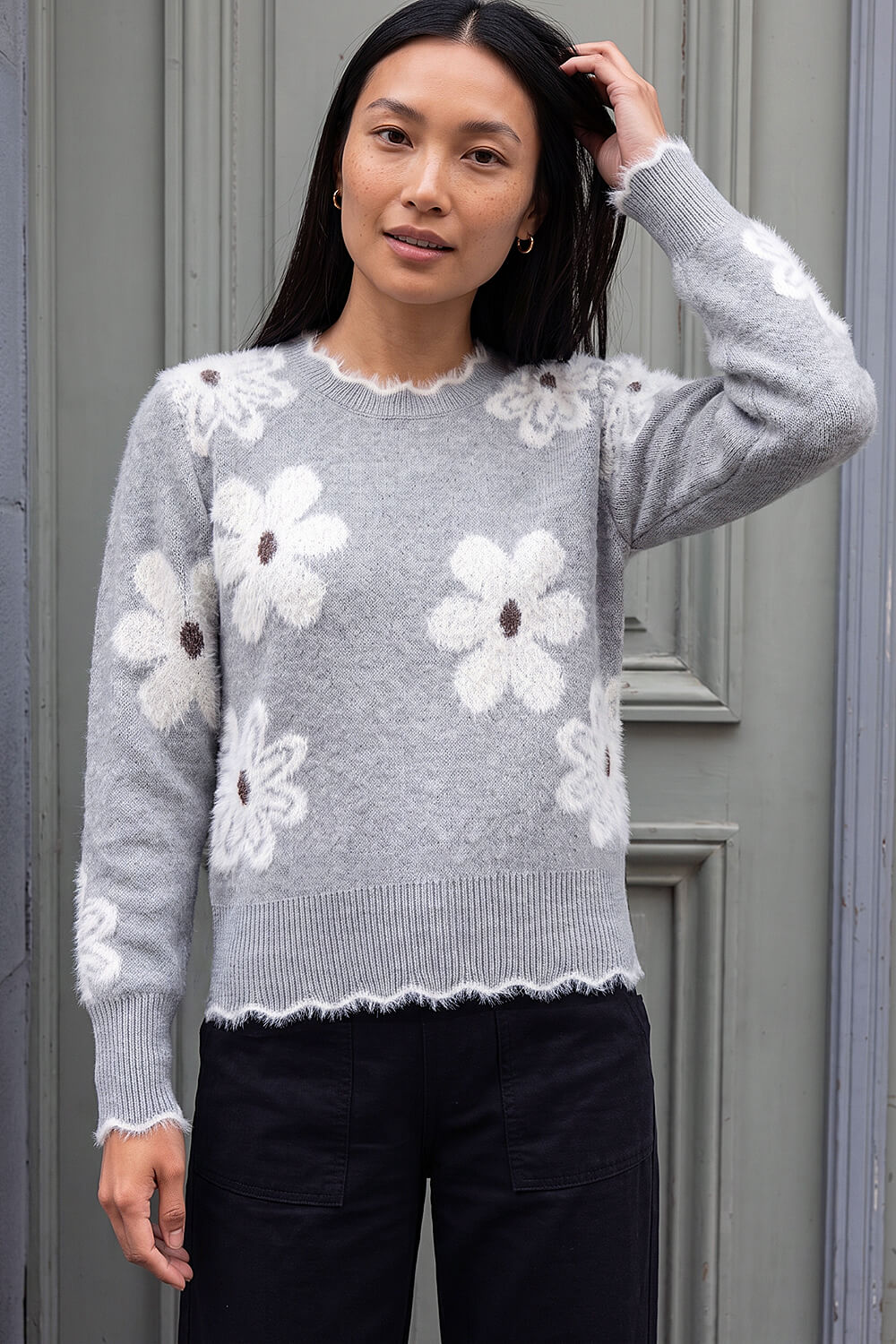 Roman Women's Grey Fluffy Floral Knit Jumper Size 12
