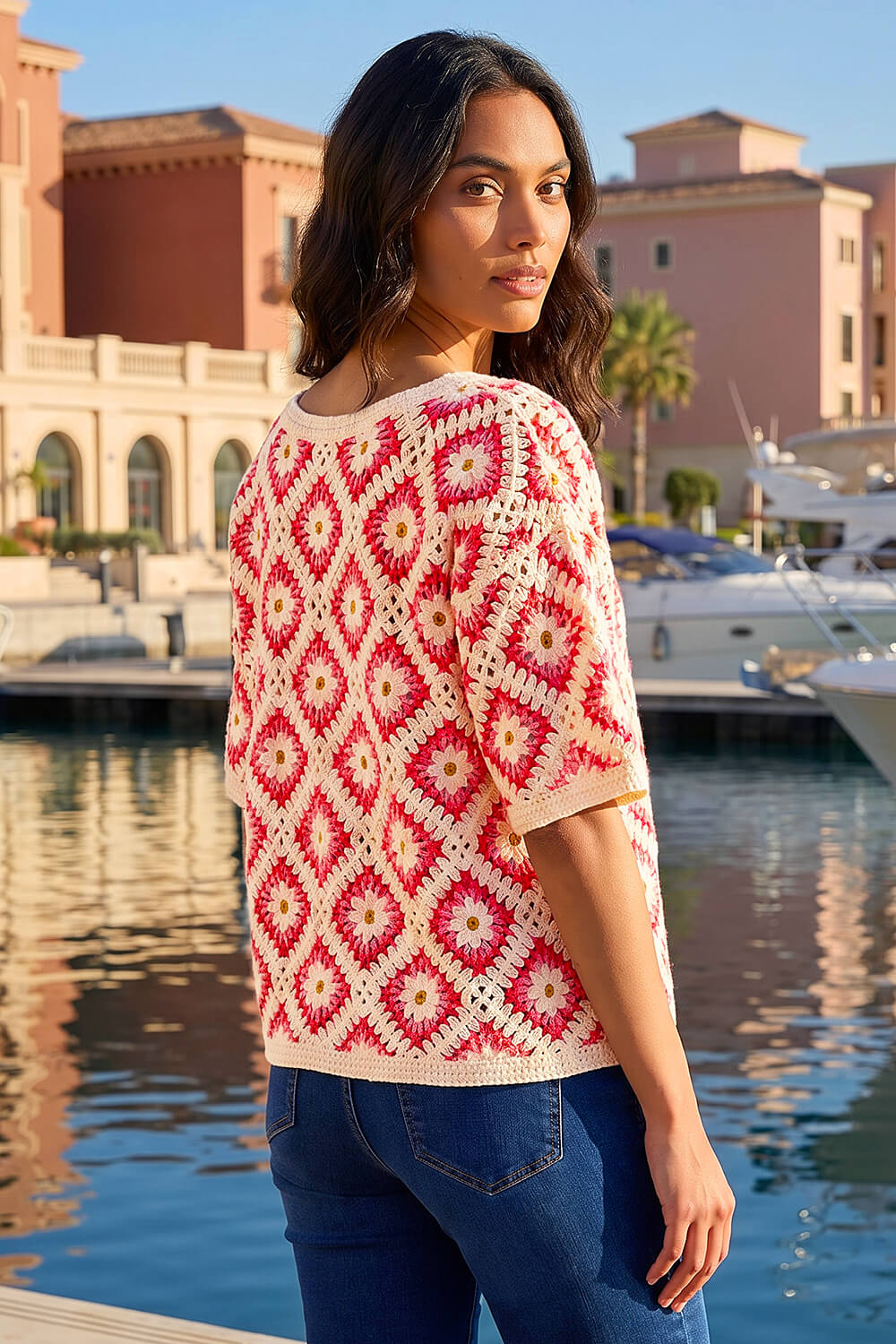 Pink Floral Crochet Knit Top | Roman UK