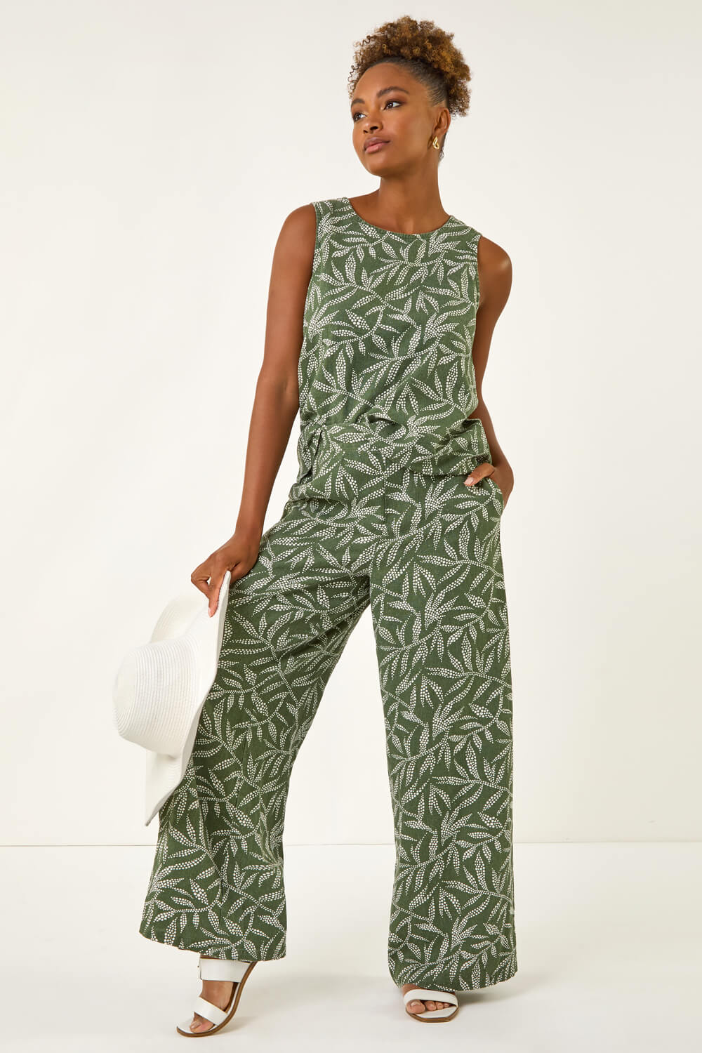 Khaki Leaf Print Linen Blend Wide Leg Trouser, Image 3 of 5