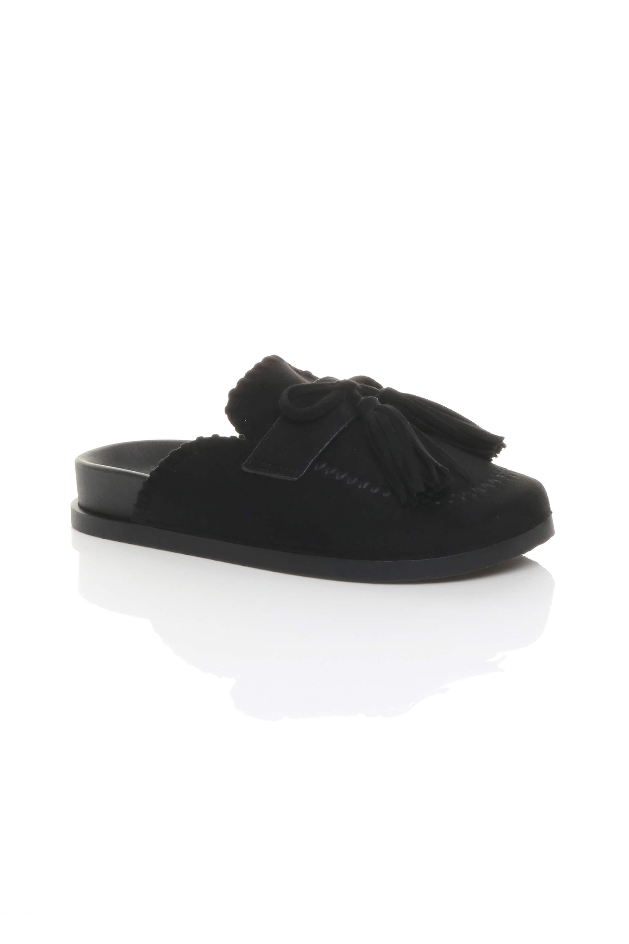 Black Flat Tassel Moccasin Mules Sandals Sliders, Image 1 of 4